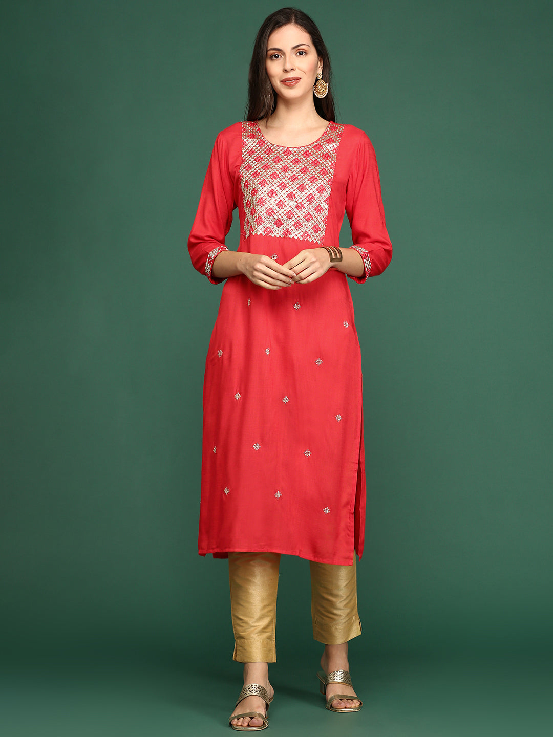 Women's Red Embellished Straight Kurta