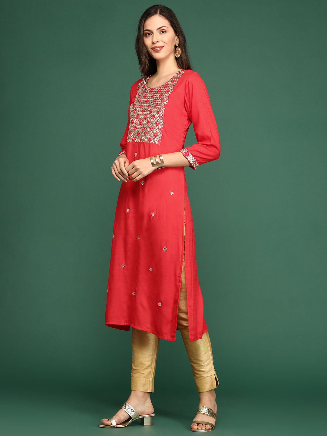 Women's Red Embellished Straight Kurta