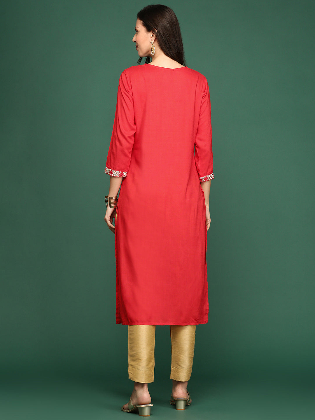 Women's Red Embellished Straight Kurta