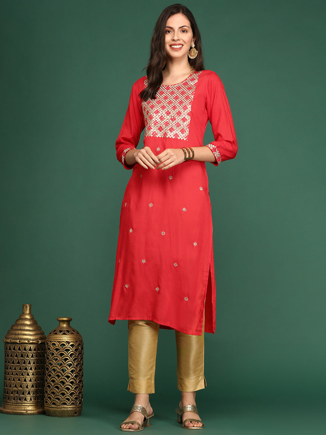 Women's Red Embellished Straight Kurta