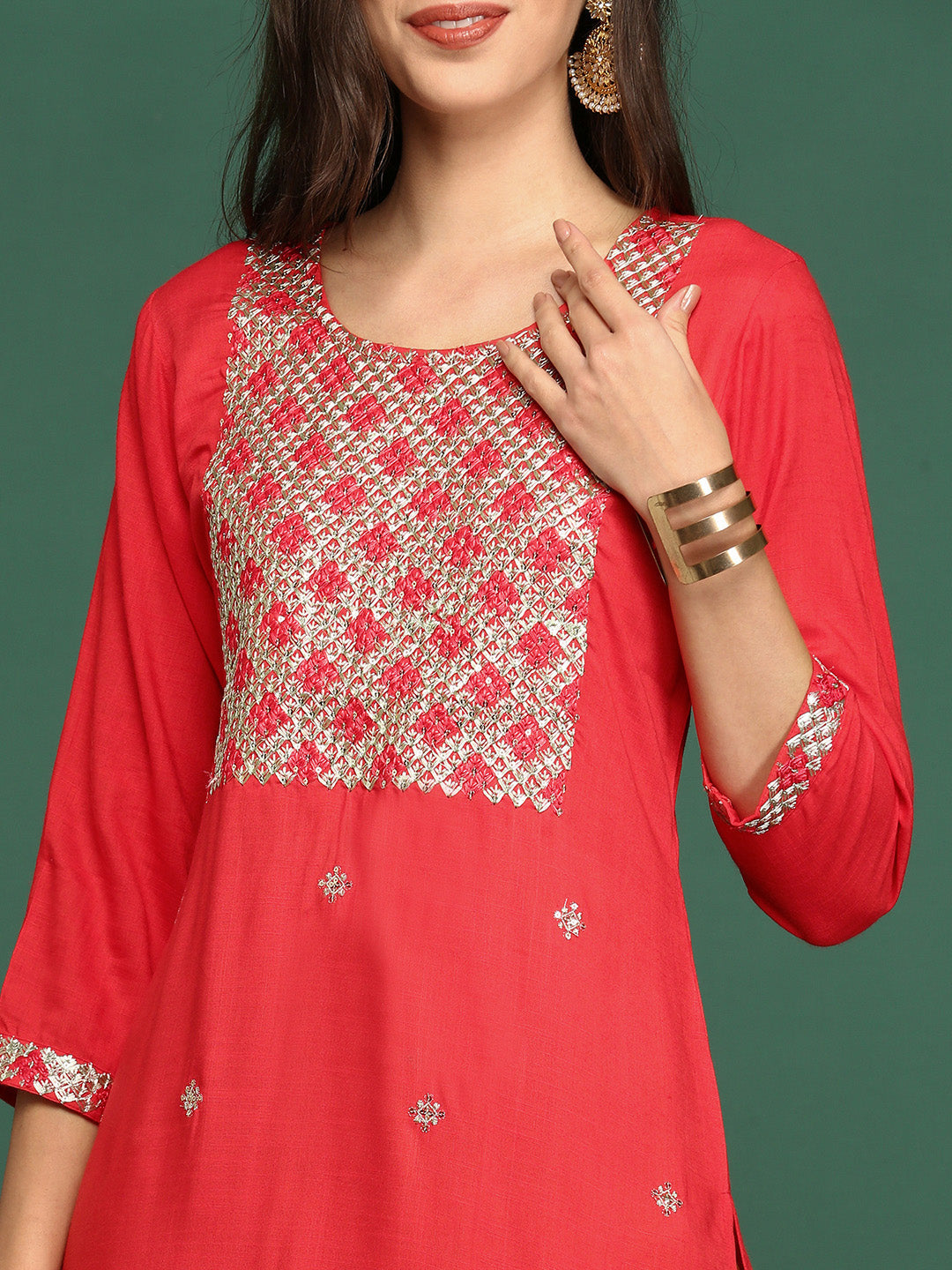 Women's Red Embellished Straight Kurta