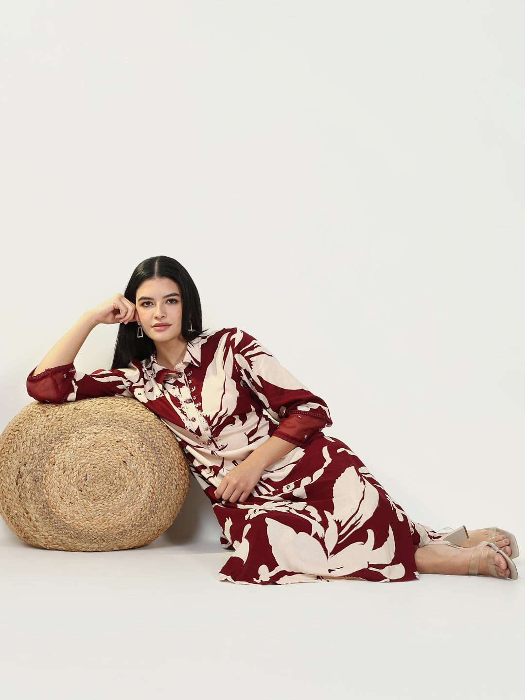 Women Floral Maroon Straight Kurta Set