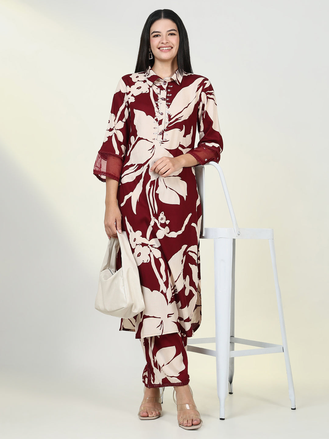 Women Floral Maroon Straight Kurta Set