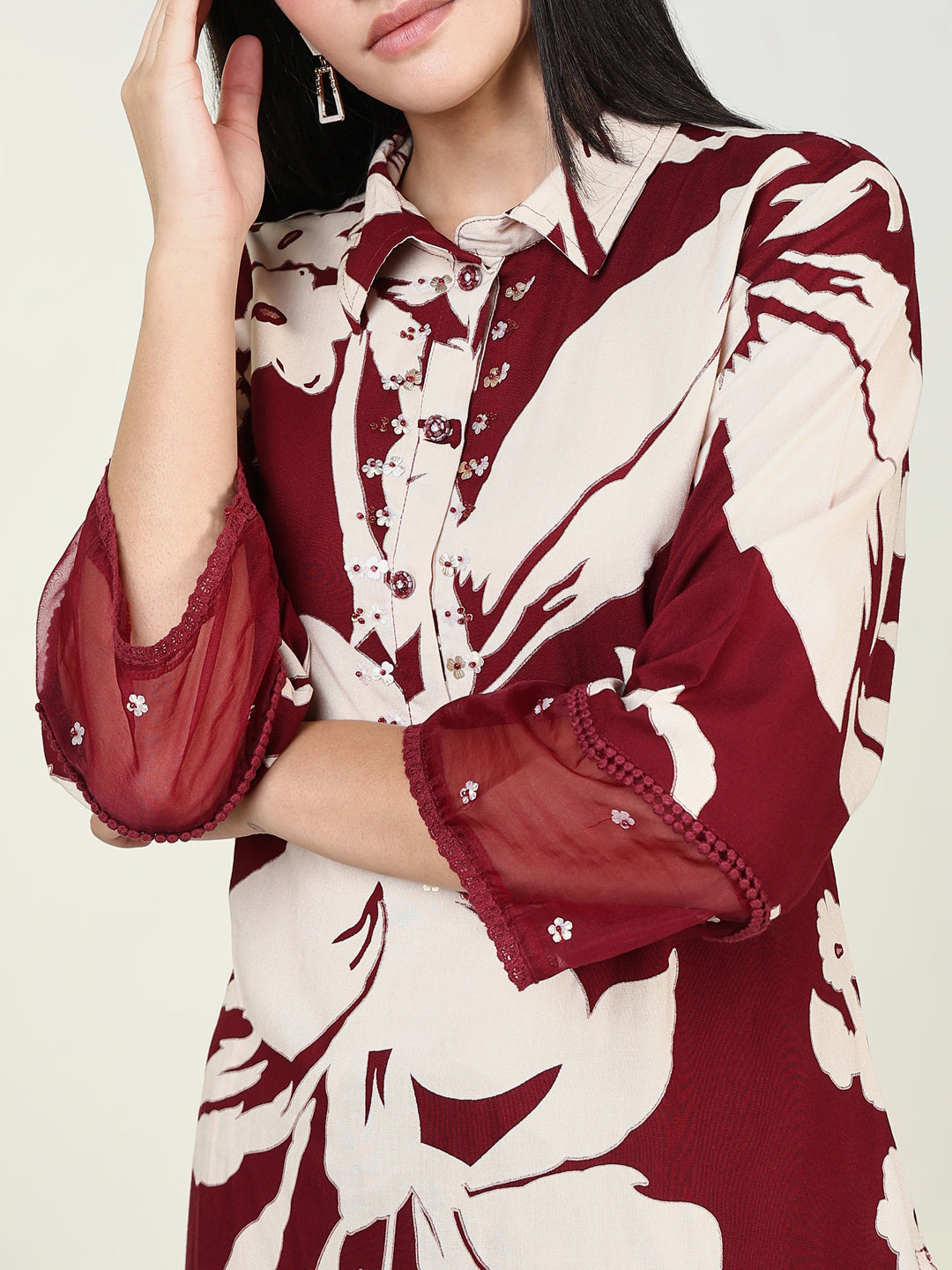 Women Floral Maroon Straight Kurta Set