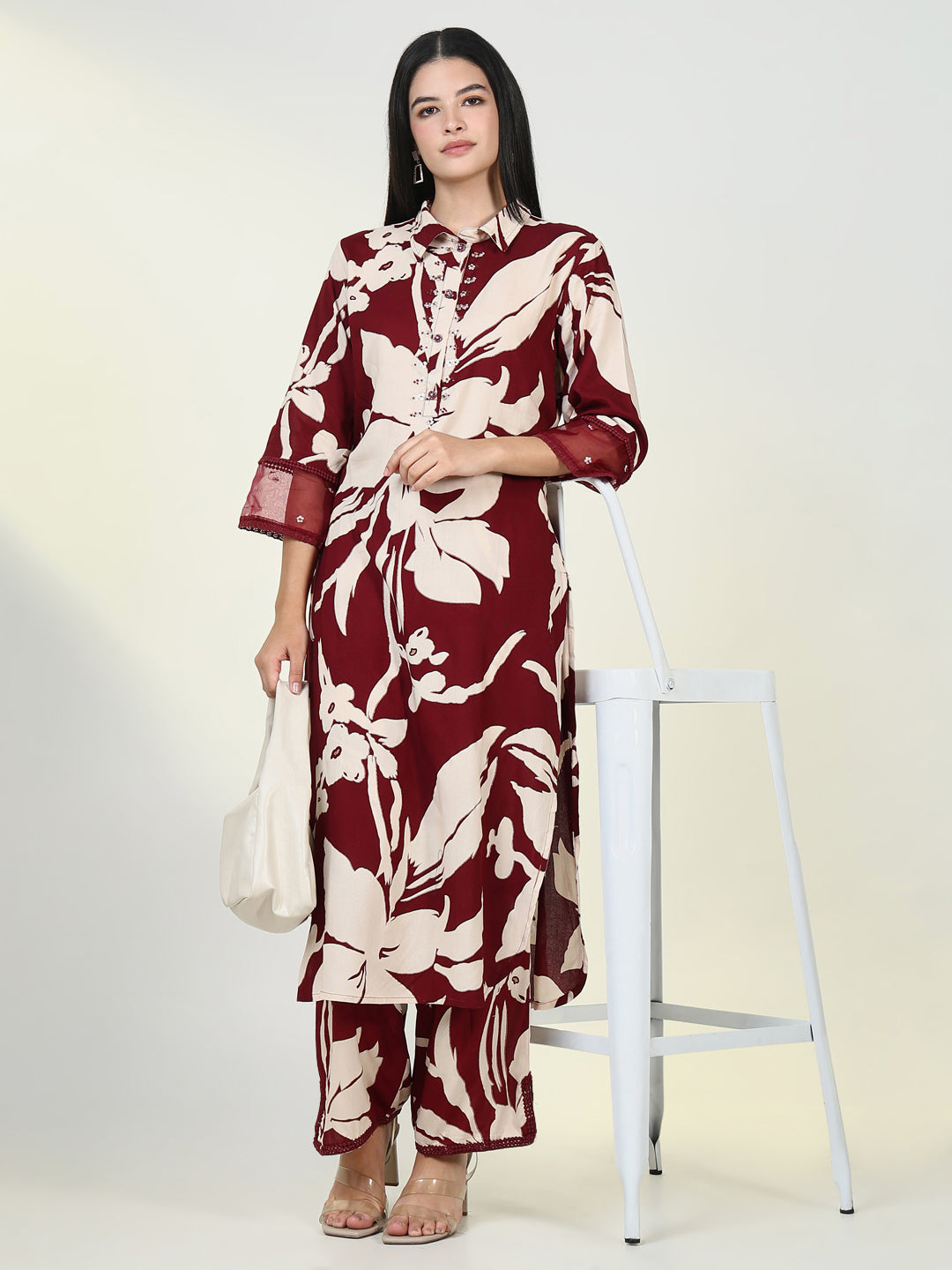 Women Floral Maroon Straight Kurta Set