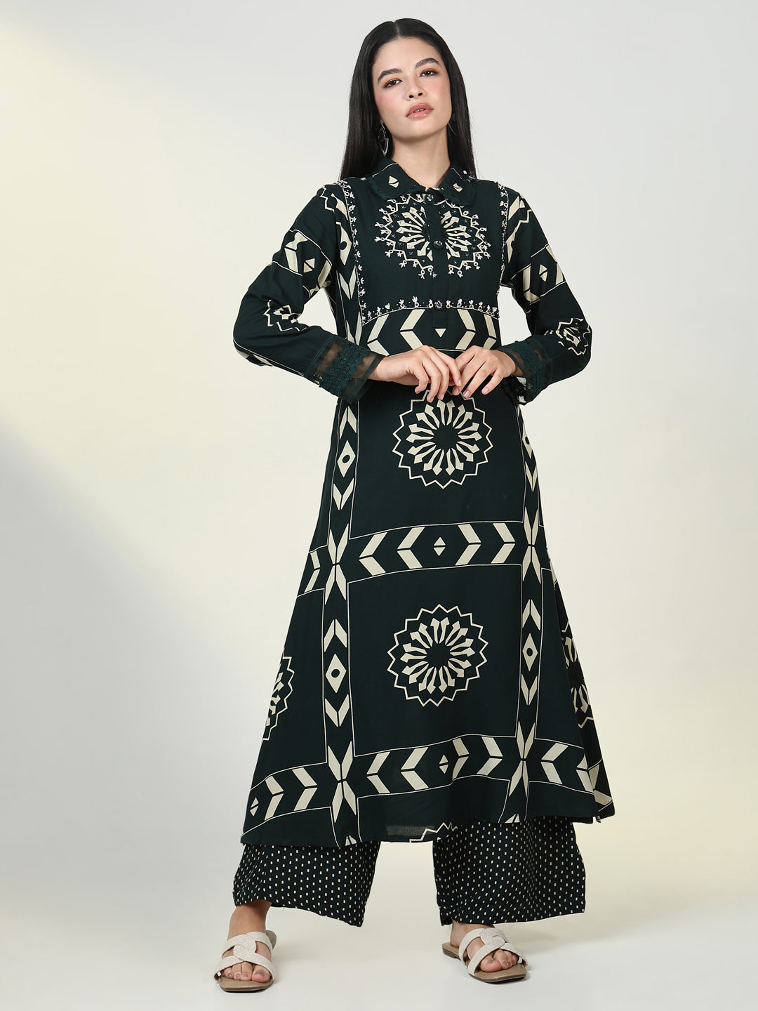 Women Graphic Green A Line Kurta Set