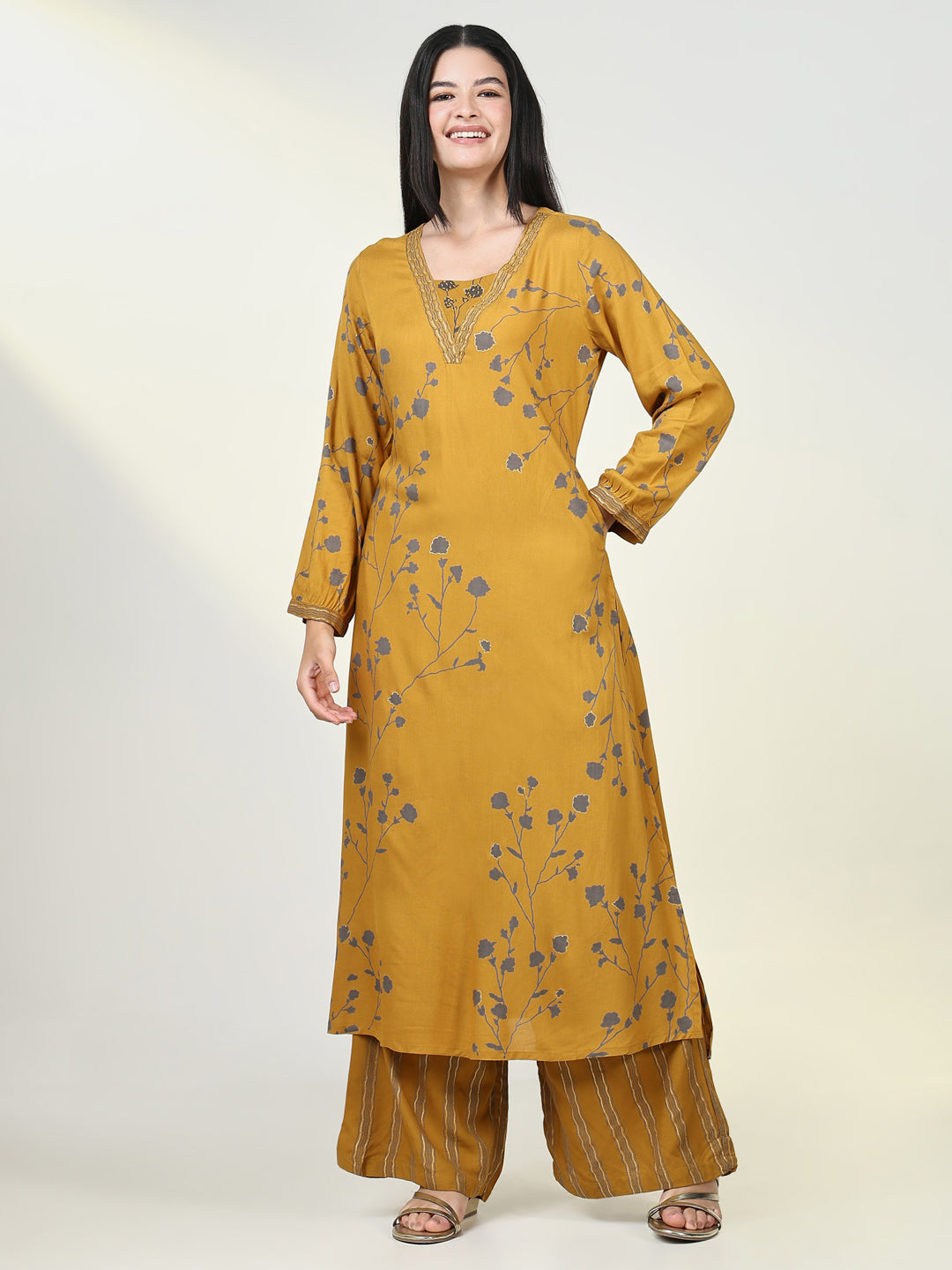 Women Floral Mustard A Line Kurta Set