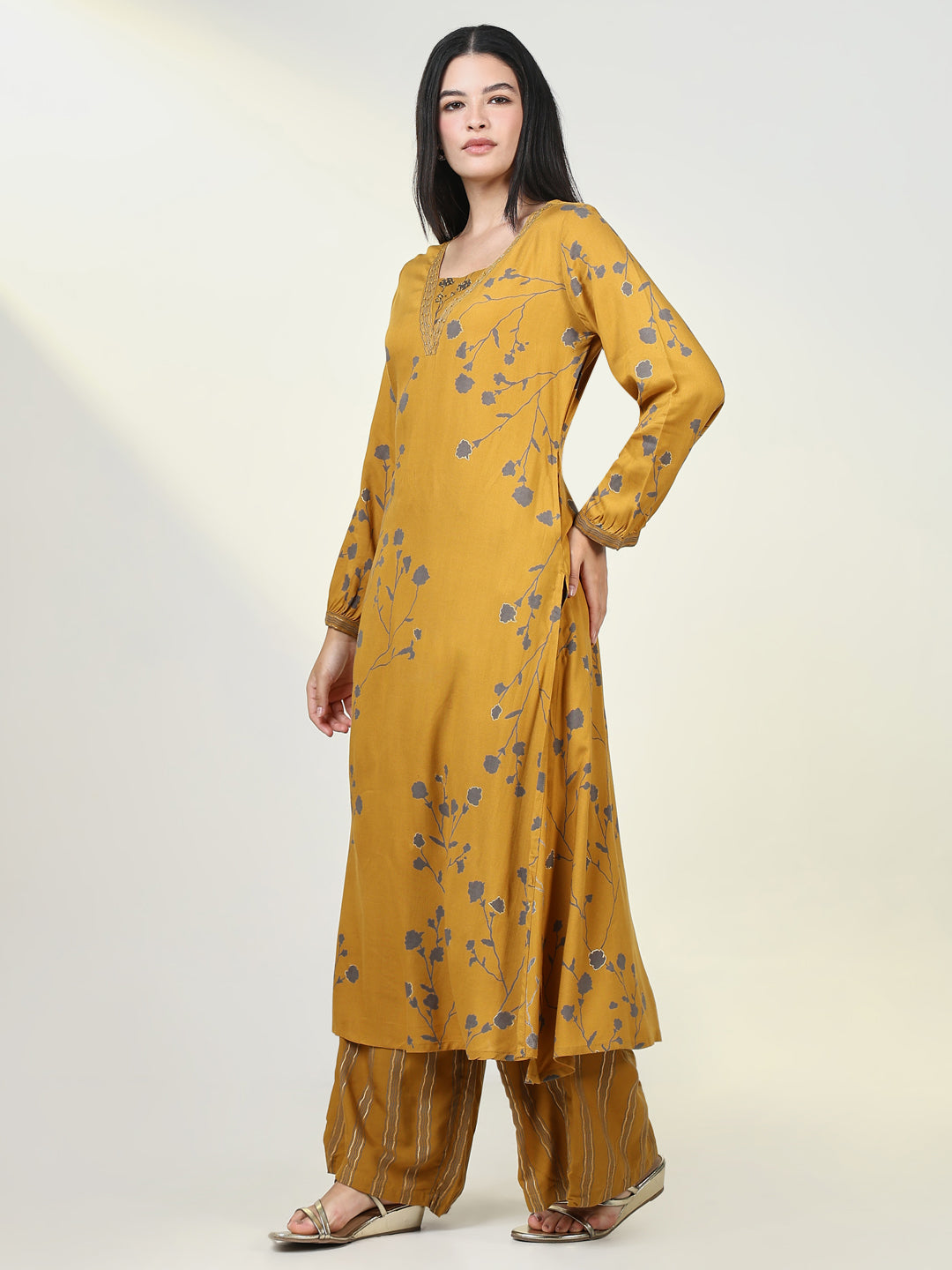 Women Floral Mustard A Line Kurta Set