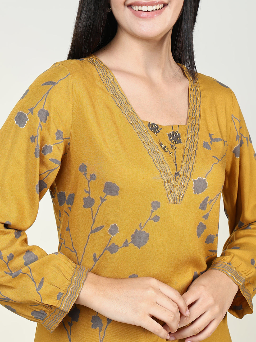 Women Floral Mustard A Line Kurta Set