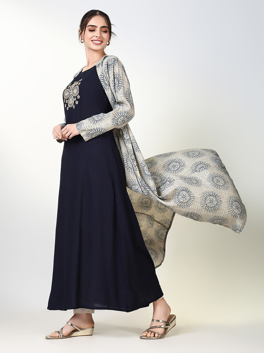 Women Navy Blue Solid A Line Kurta with Overcoat