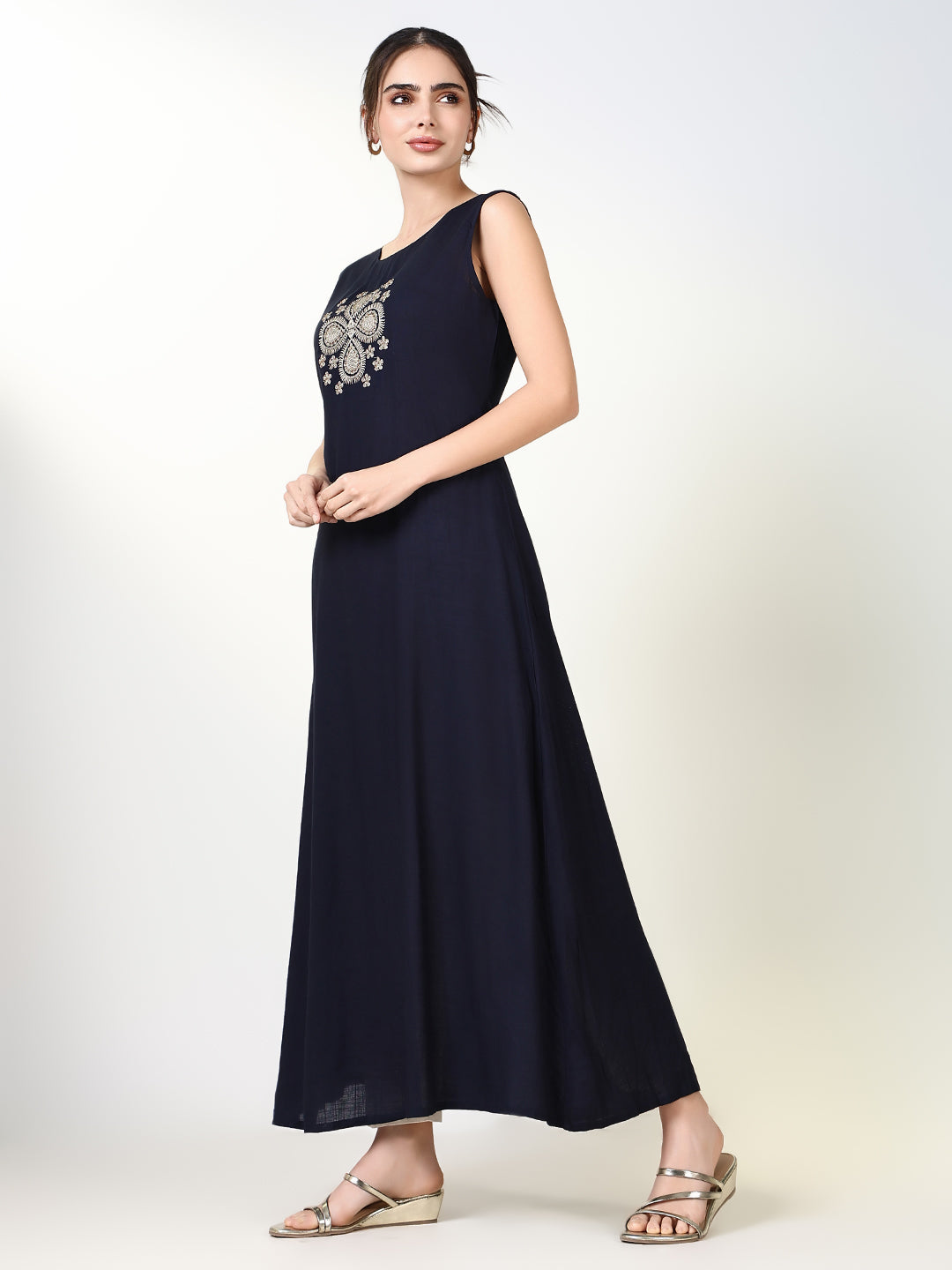 Women Navy Blue Solid A Line Kurta with Overcoat