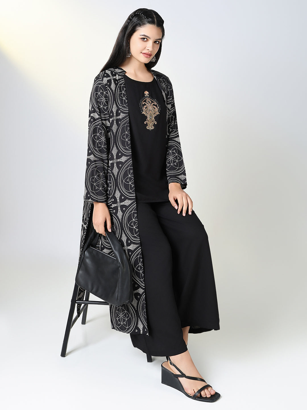 Women Black Solid Straight Kurta Set with Overcoat