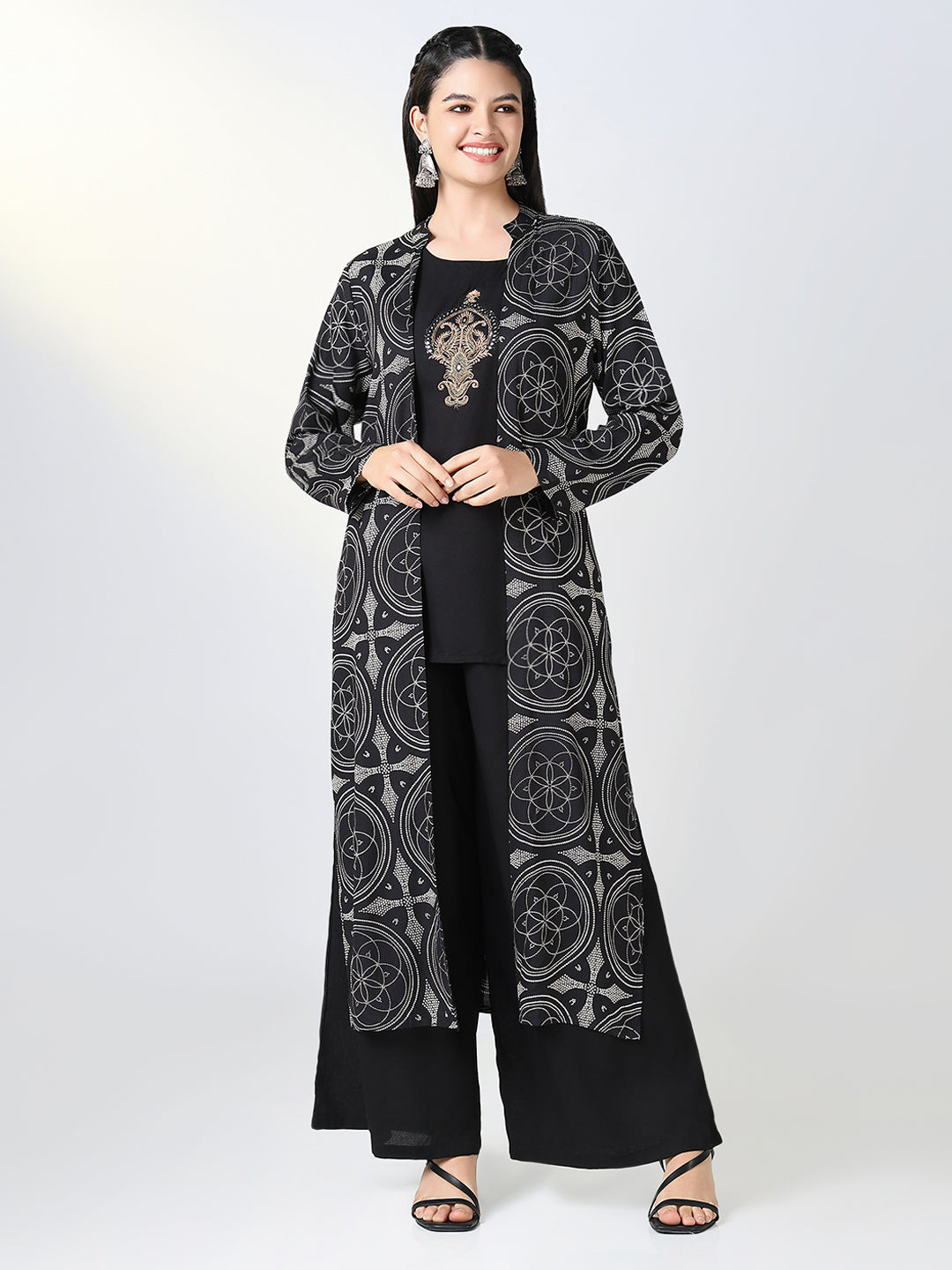 Women Black Solid Straight Kurta Set with Overcoat