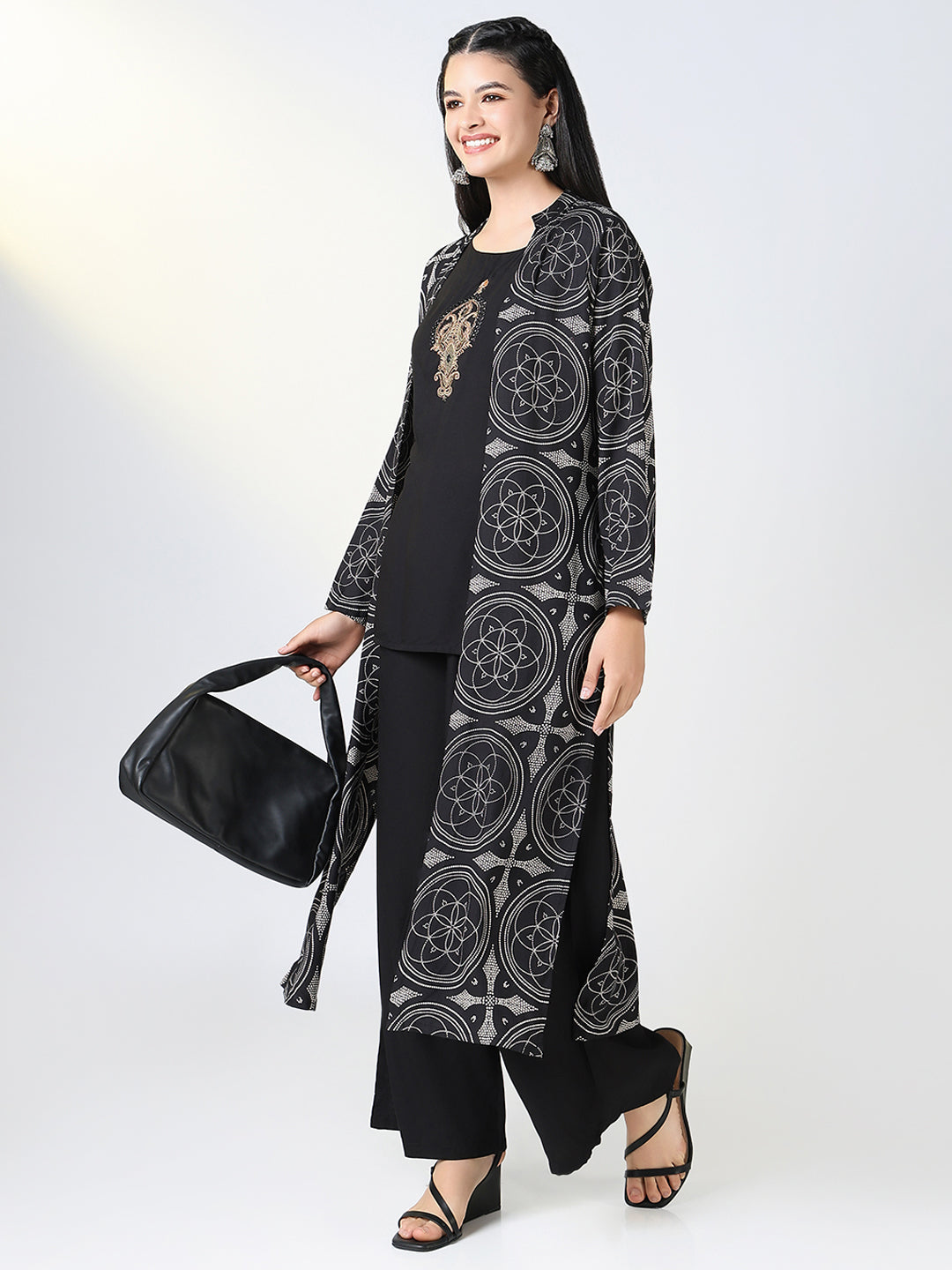 Women Black Solid Straight Kurta Set with Overcoat