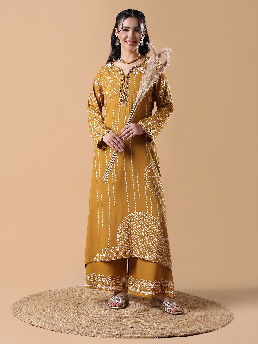 Women Ethnic Motifs A-Line Mustard Kurta Set