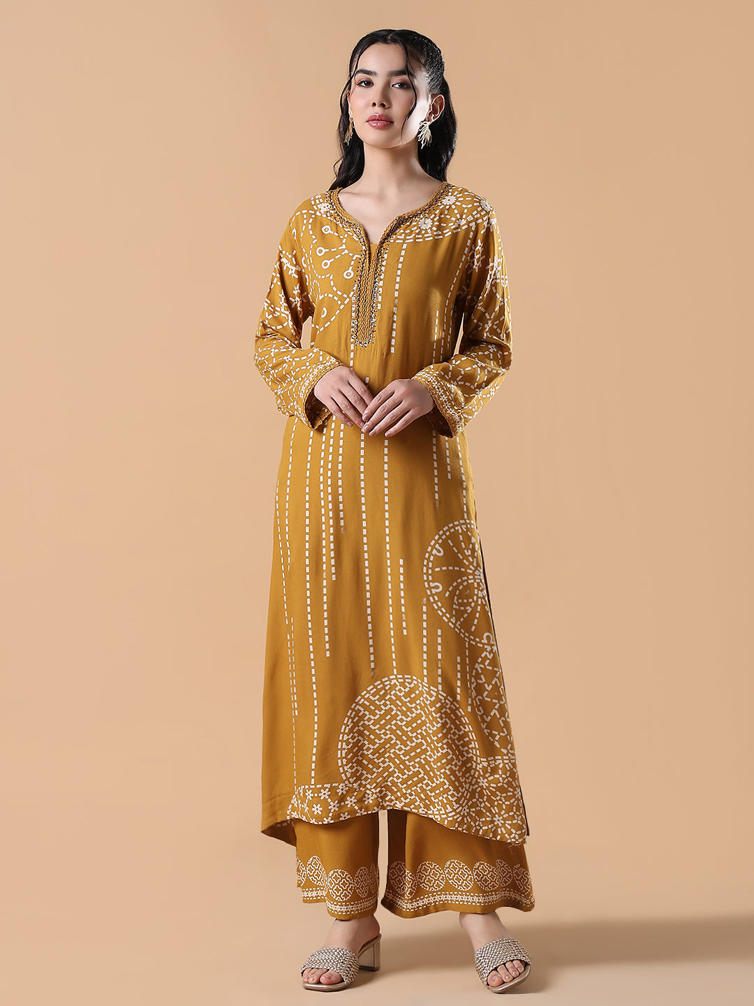 Women Ethnic Motifs A-Line Mustard Kurta Set