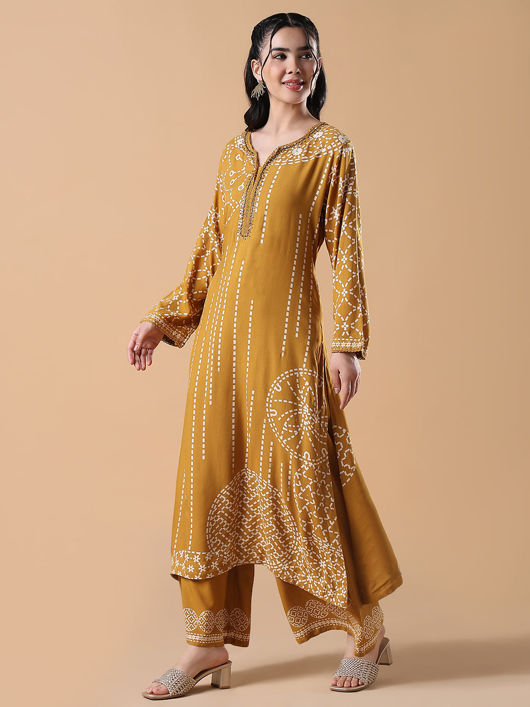 Women Ethnic Motifs A-Line Mustard Kurta Set