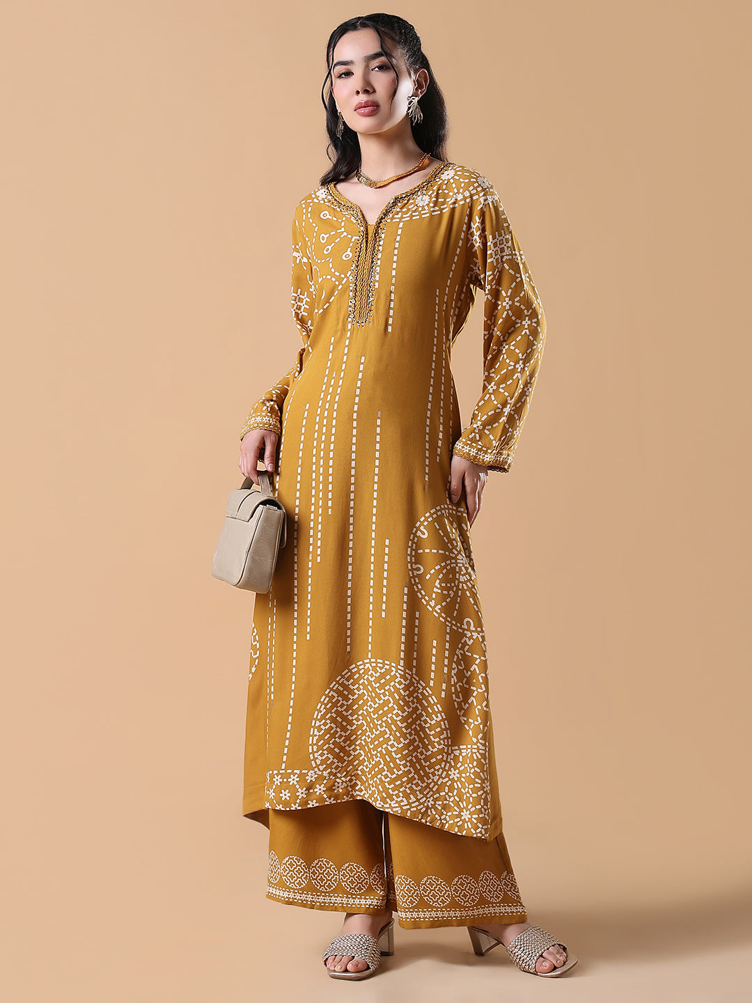 Women Ethnic Motifs A-Line Mustard Kurta Set