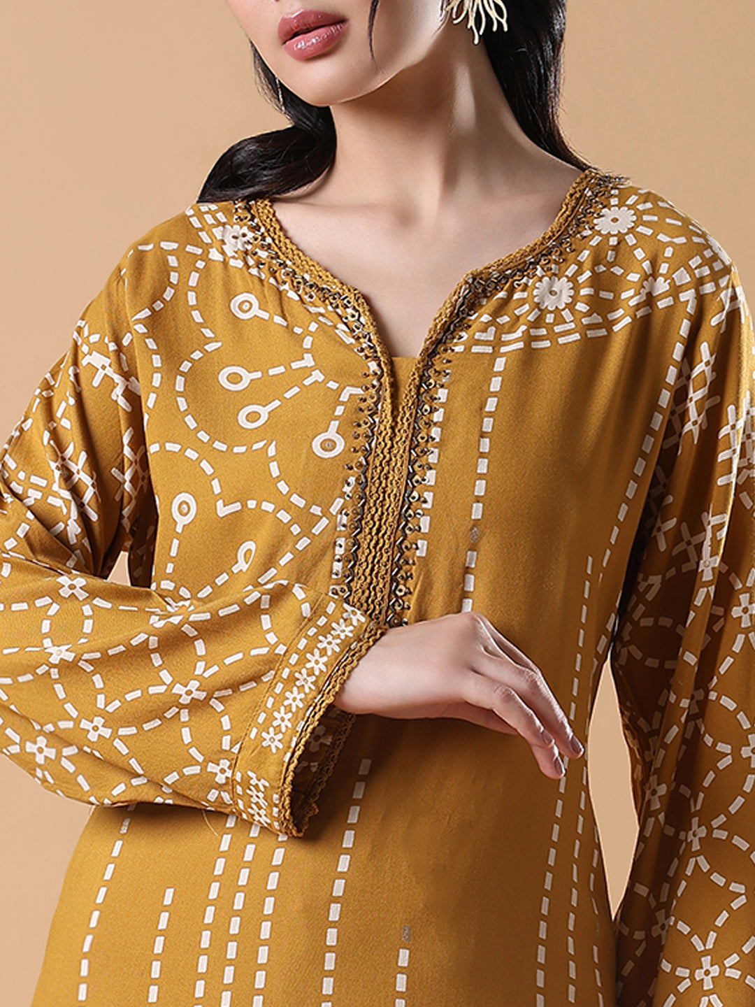 Women Ethnic Motifs A-Line Mustard Kurta Set