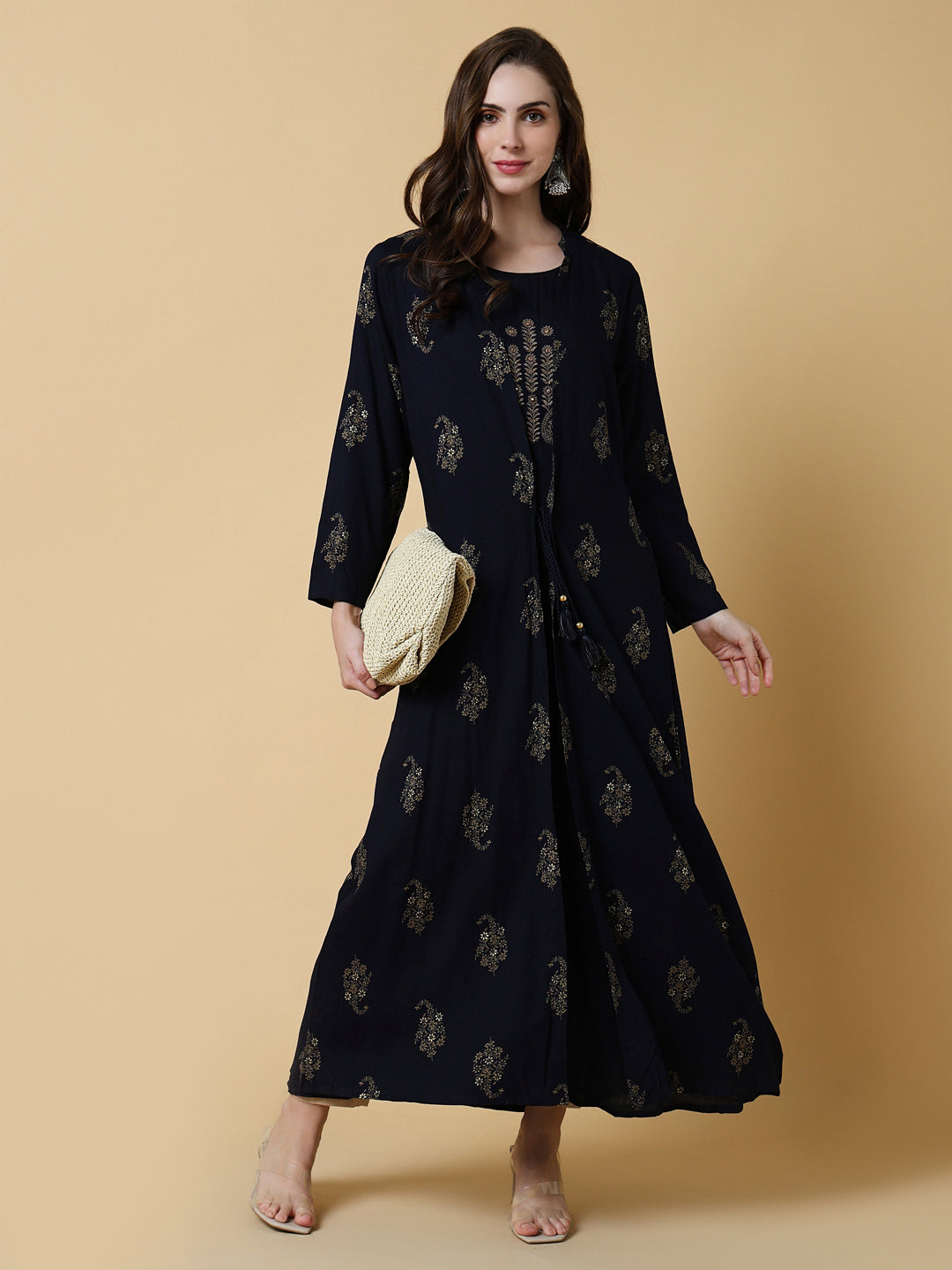 Women Navy Blue Graphic A-Line Kurta with Shrug