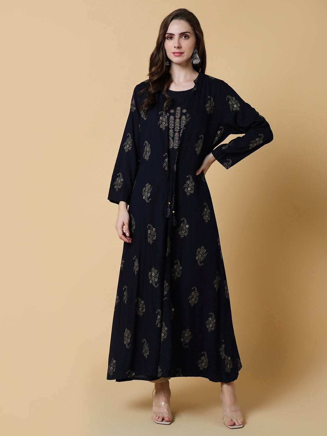 Women Navy Blue Graphic A-Line Kurta with Shrug