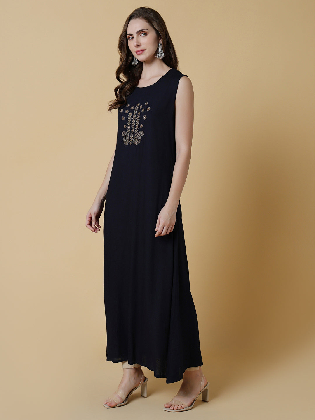 Women Navy Blue Graphic A-Line Kurta with Shrug