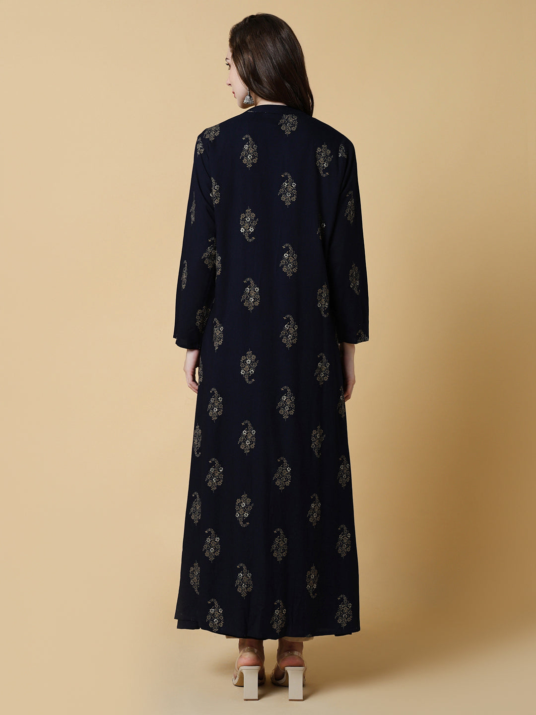 Women Navy Blue Graphic A-Line Kurta with Shrug