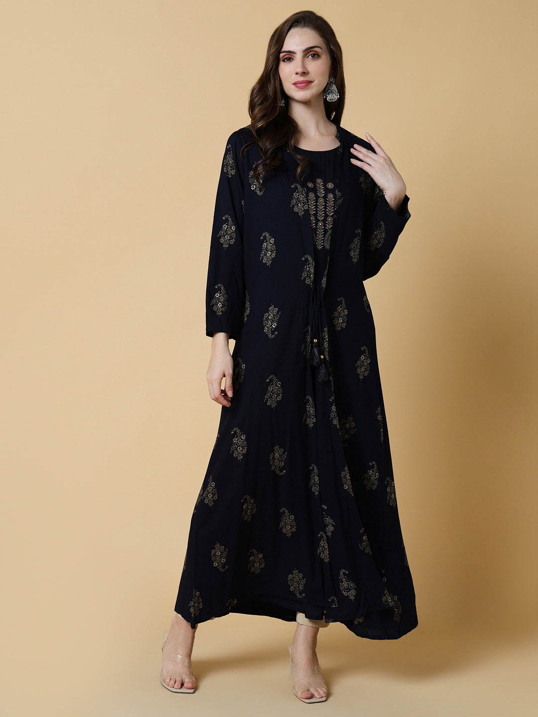 Women Navy Blue Graphic A-Line Kurta with Shrug