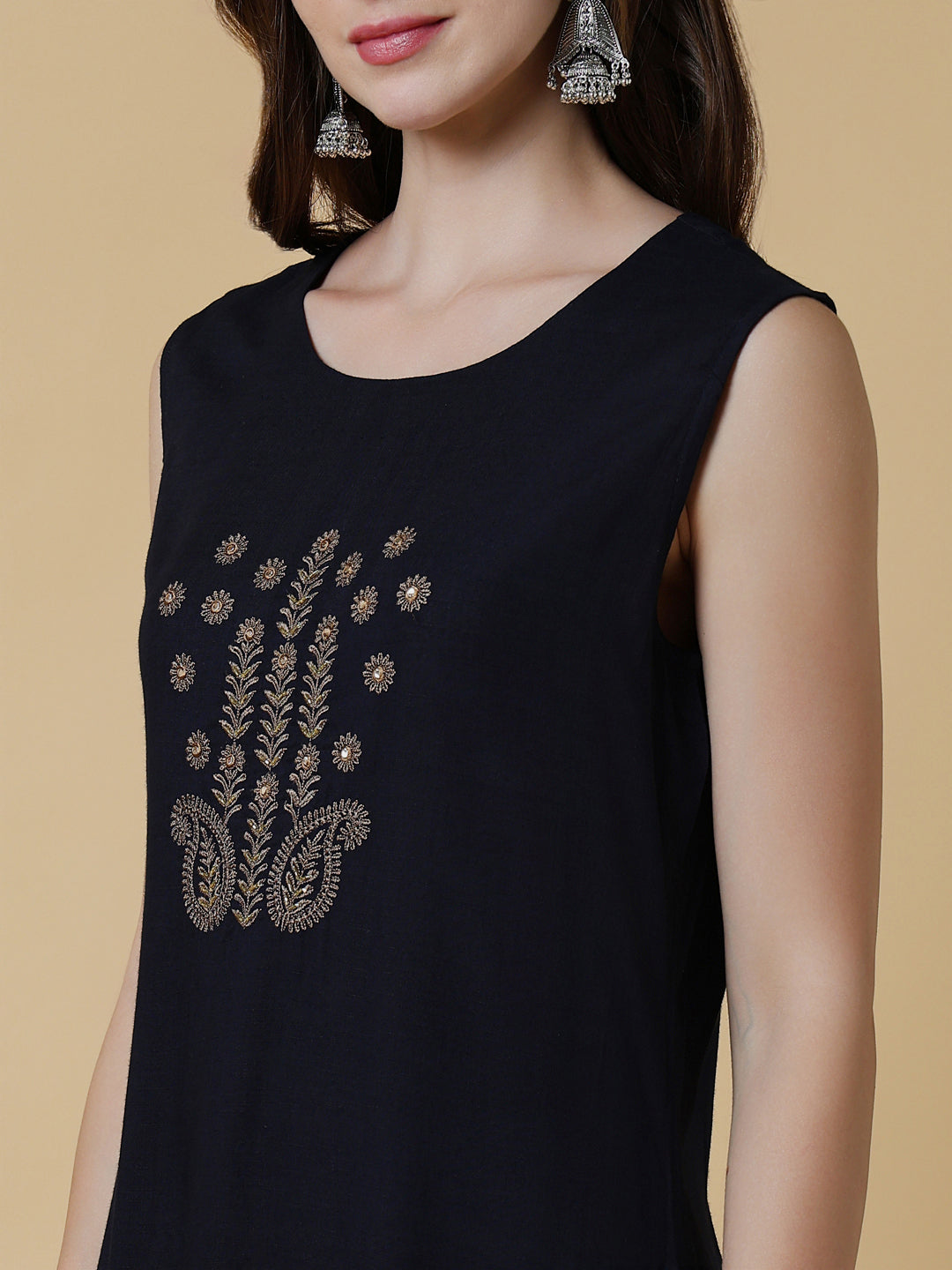 Women Navy Blue Graphic A-Line Kurta with Shrug