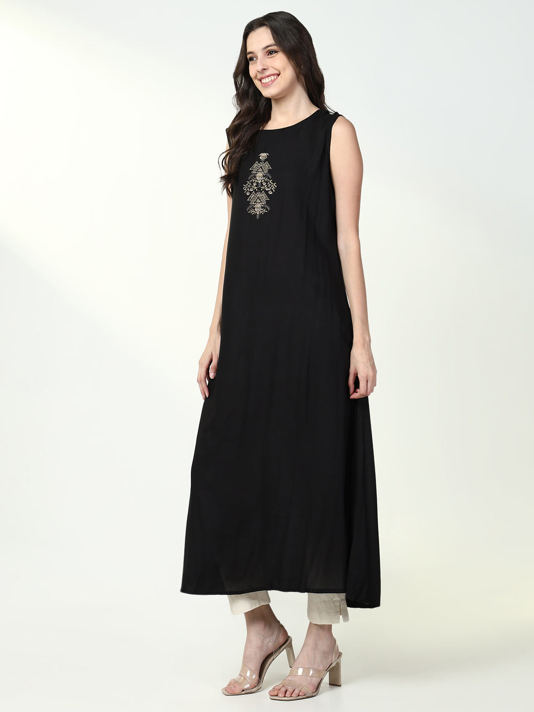 Women Black Solid A Line Kurta with Coat