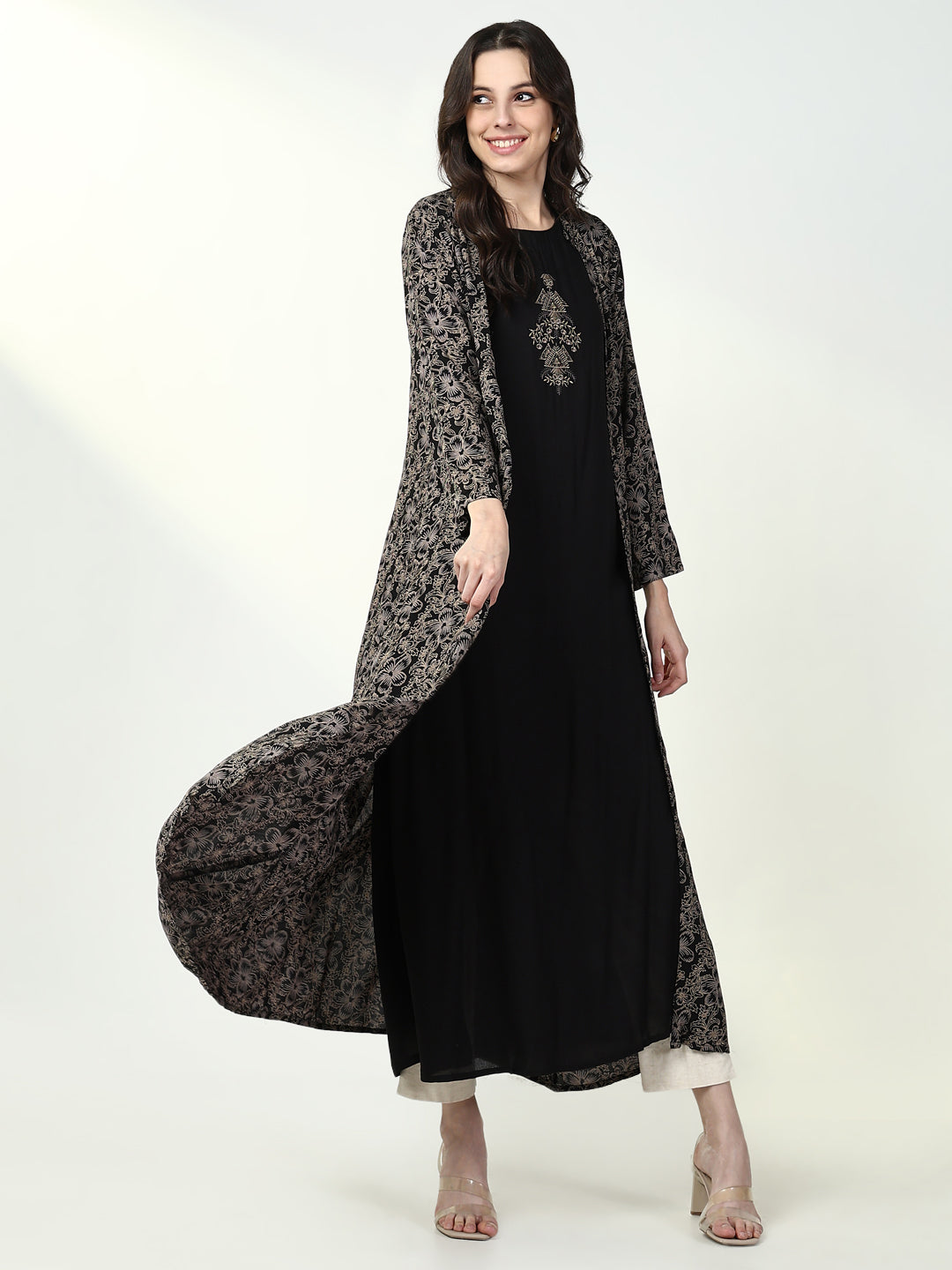 Women Black Solid A Line Kurta with Coat