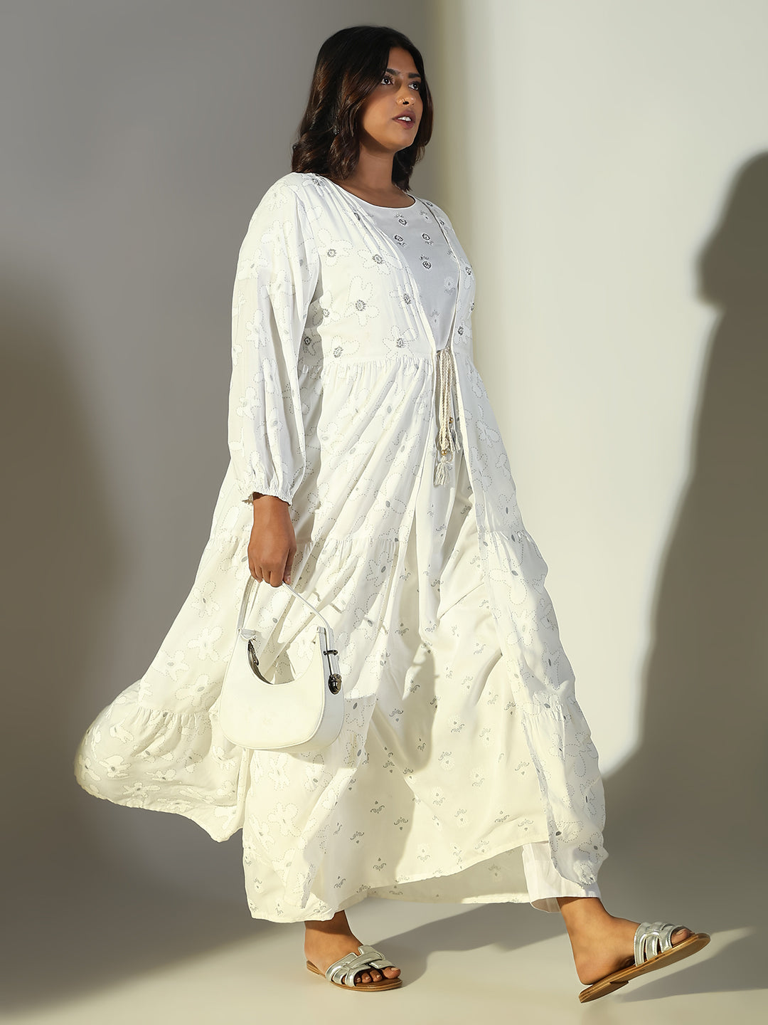 Women White Graphic Anarkali Kurta with Overcoat