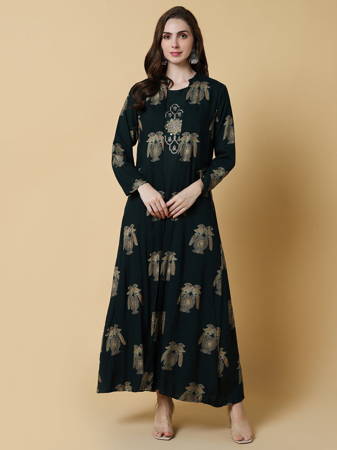 Women Green Graphic A-Line Kurta with Shrug