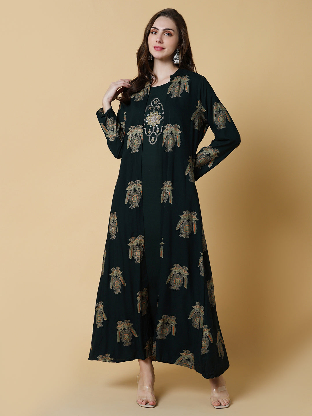 Women Green Graphic A-Line Kurta with Shrug