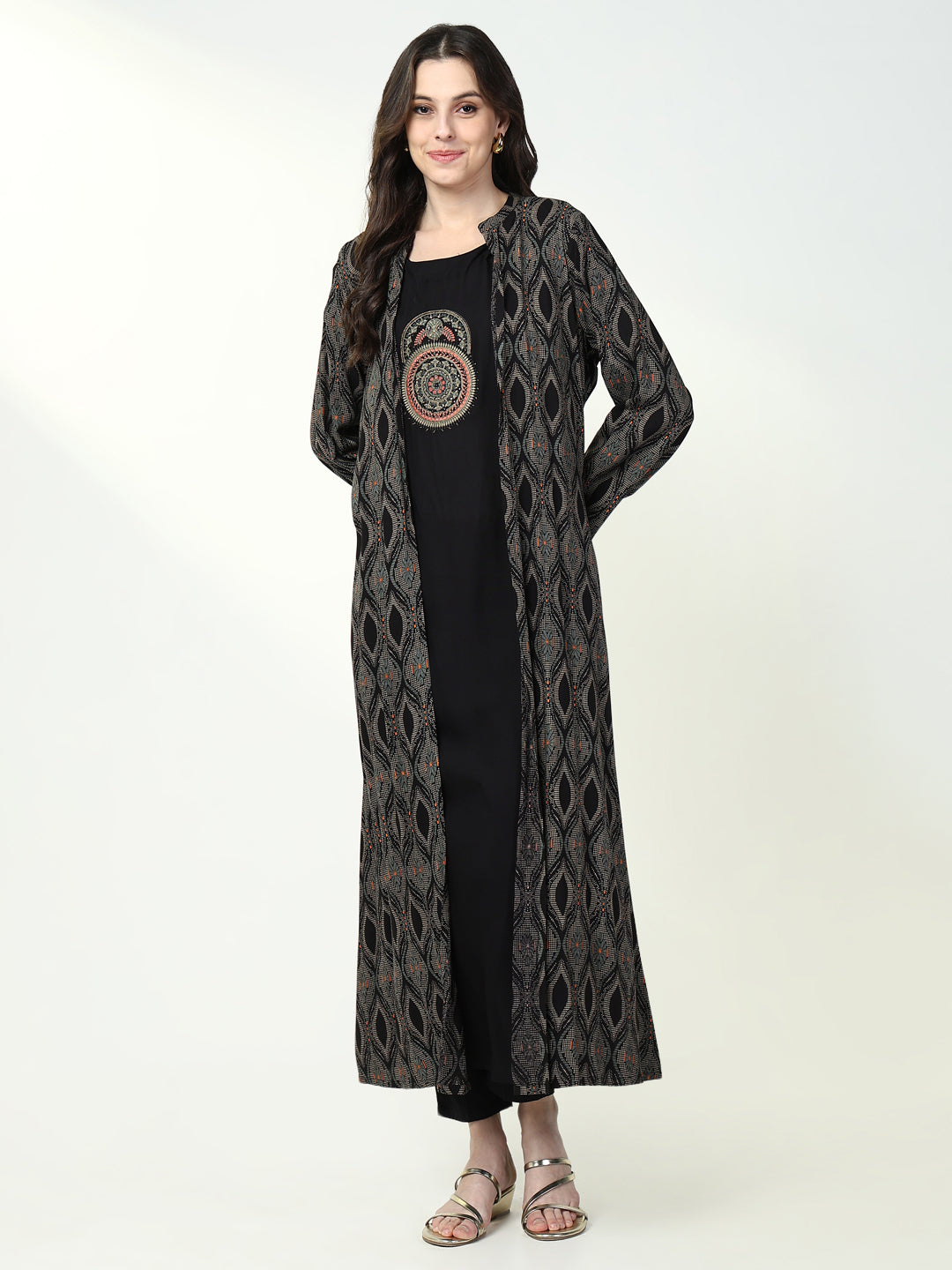 Women Black Solid A Line Kurta with Coat