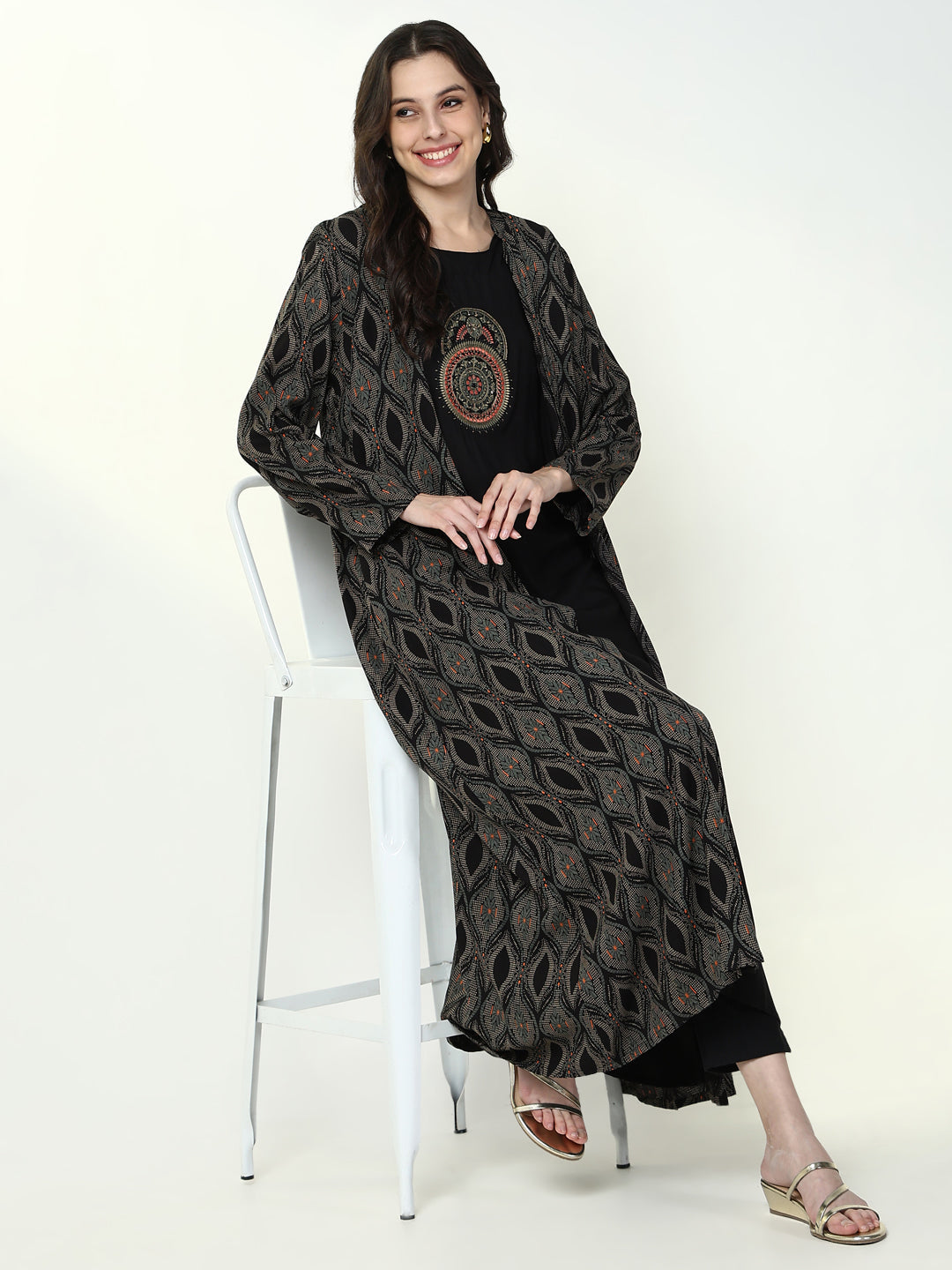 Women Black Solid A Line Kurta with Coat