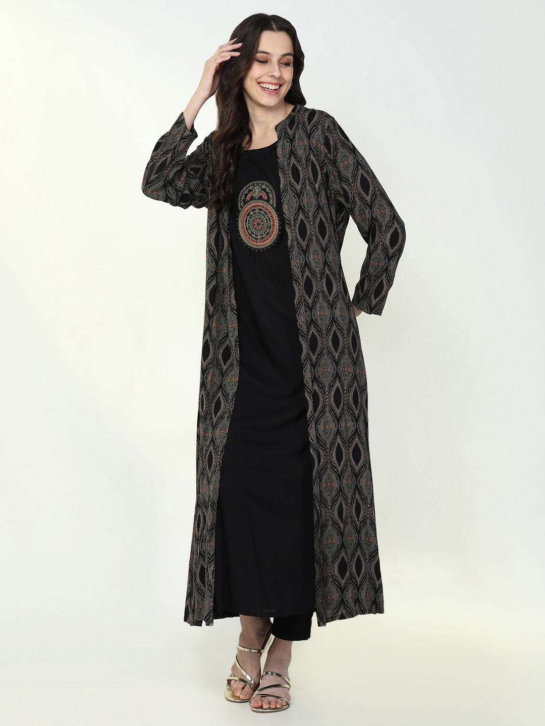 Women Black Solid A Line Kurta with Coat