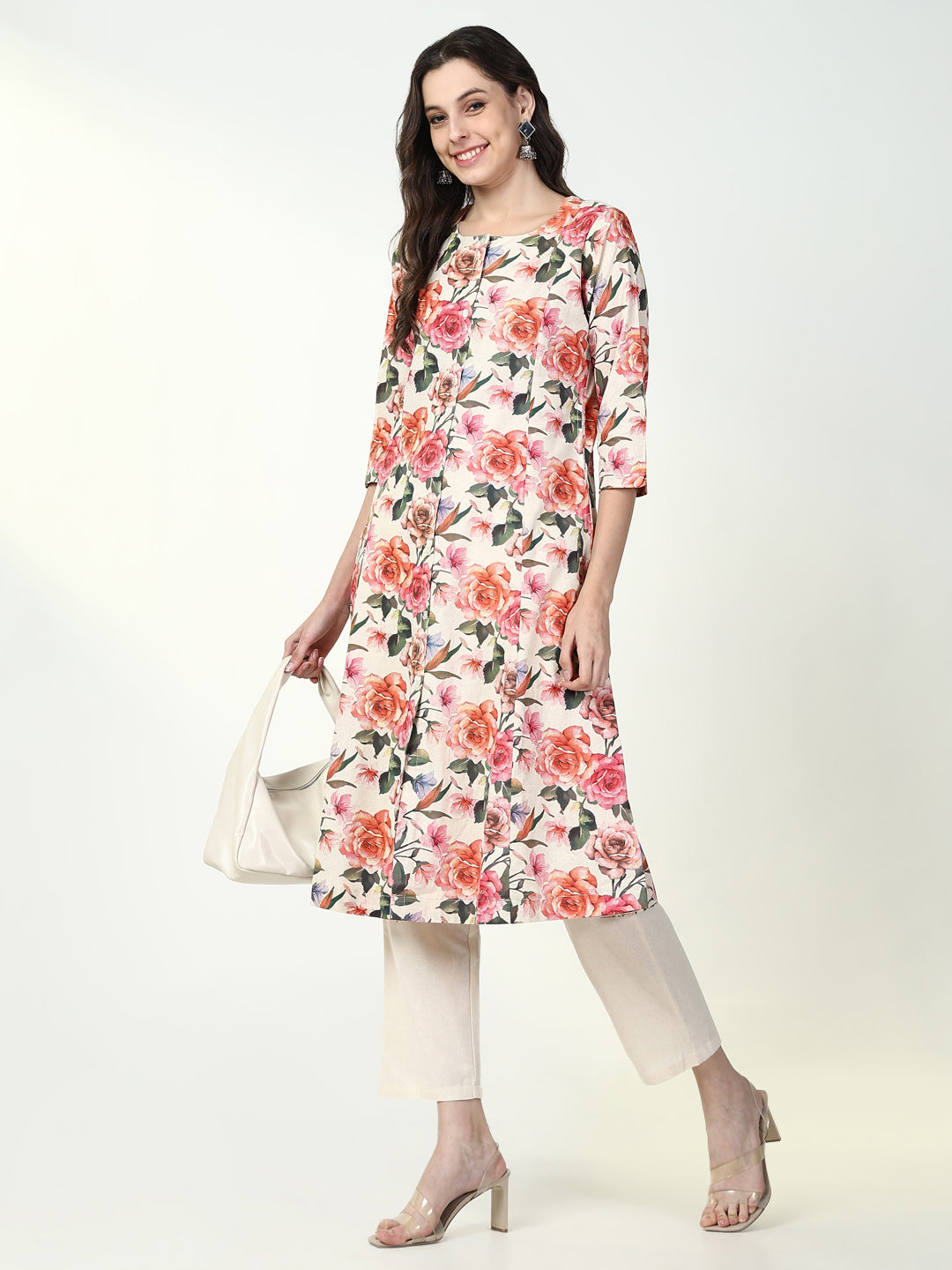 Women Floral Orange A Line Kurta Set