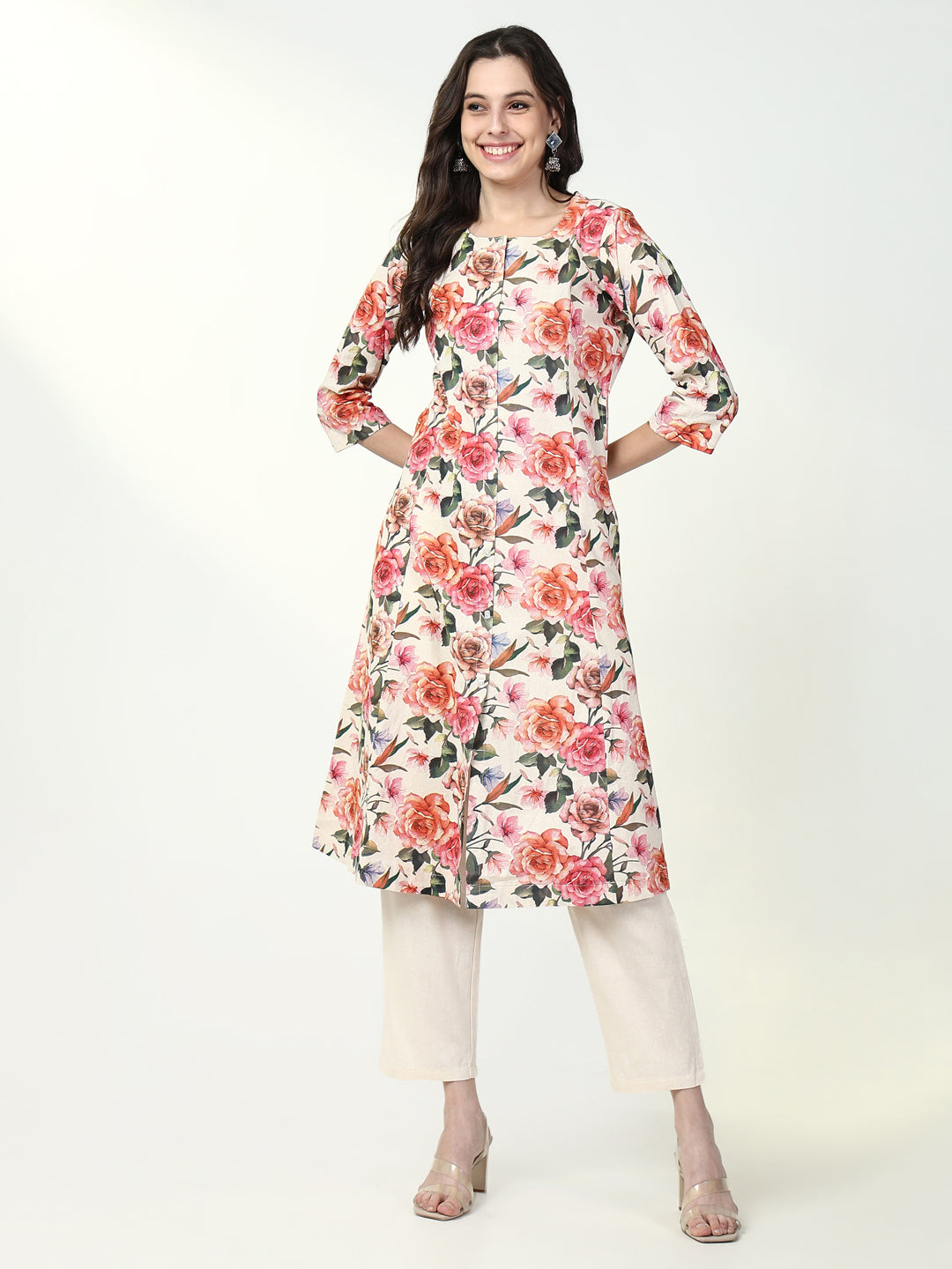 Women Floral Orange A Line Kurta Set