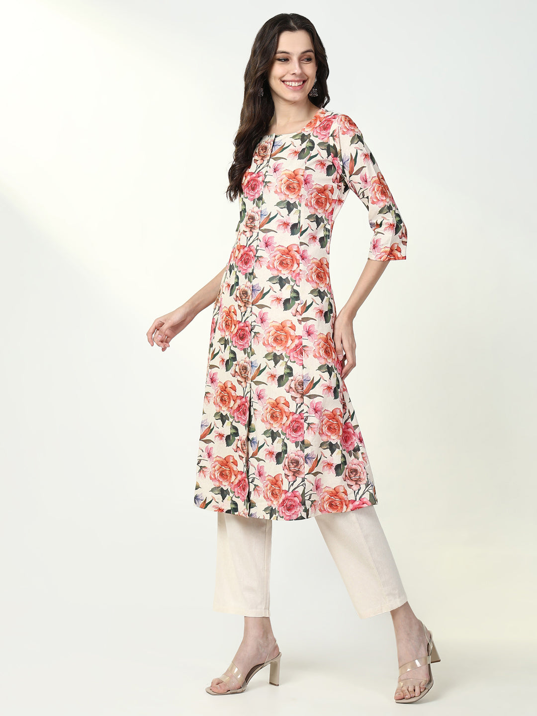 Women Floral Orange A Line Kurta Set