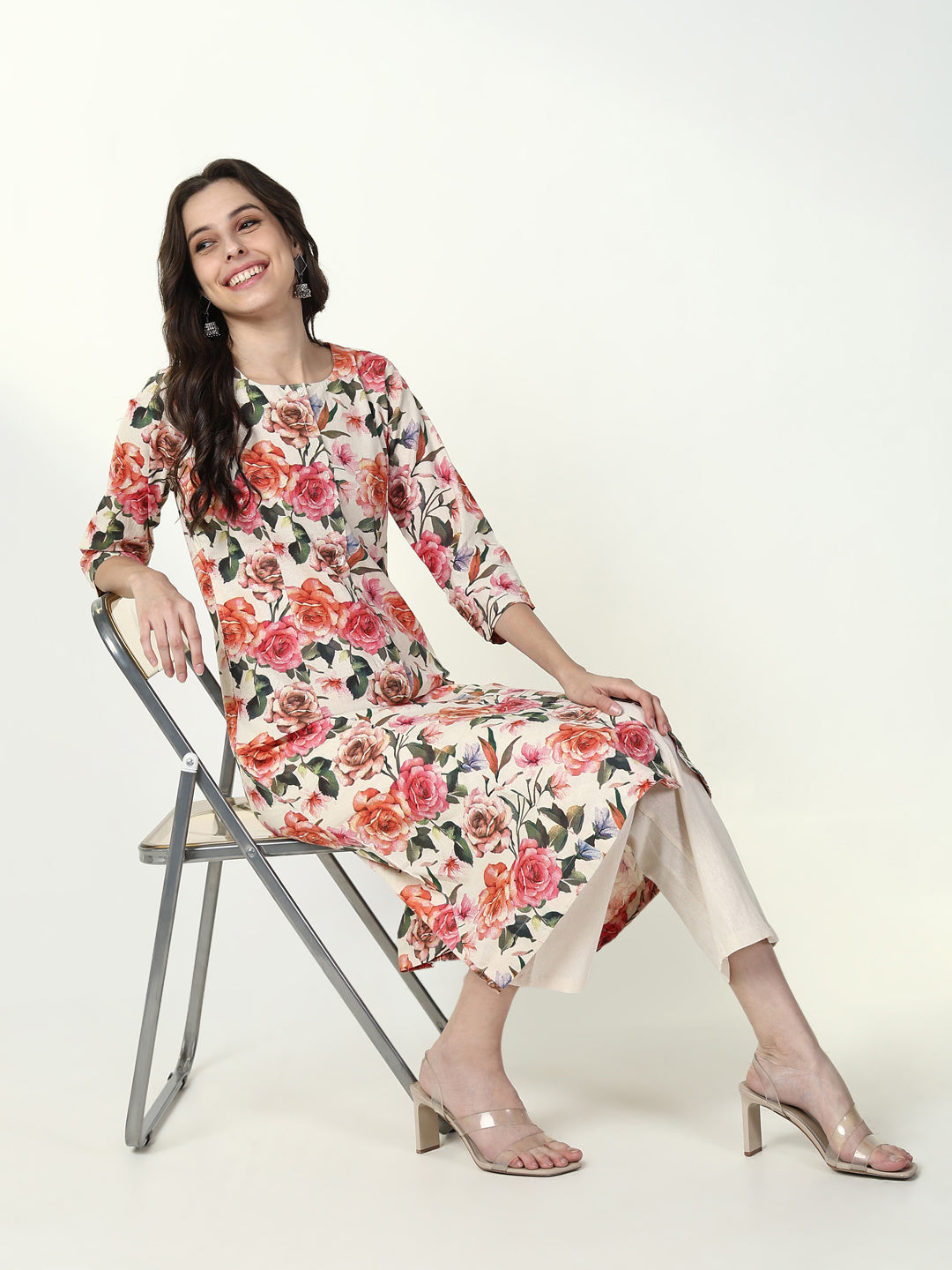 Women Floral Orange A Line Kurta Set