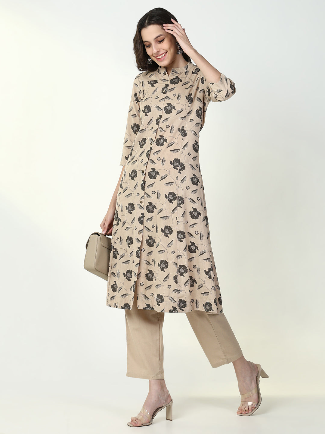 Women Floral Beige A Line Kurta Set