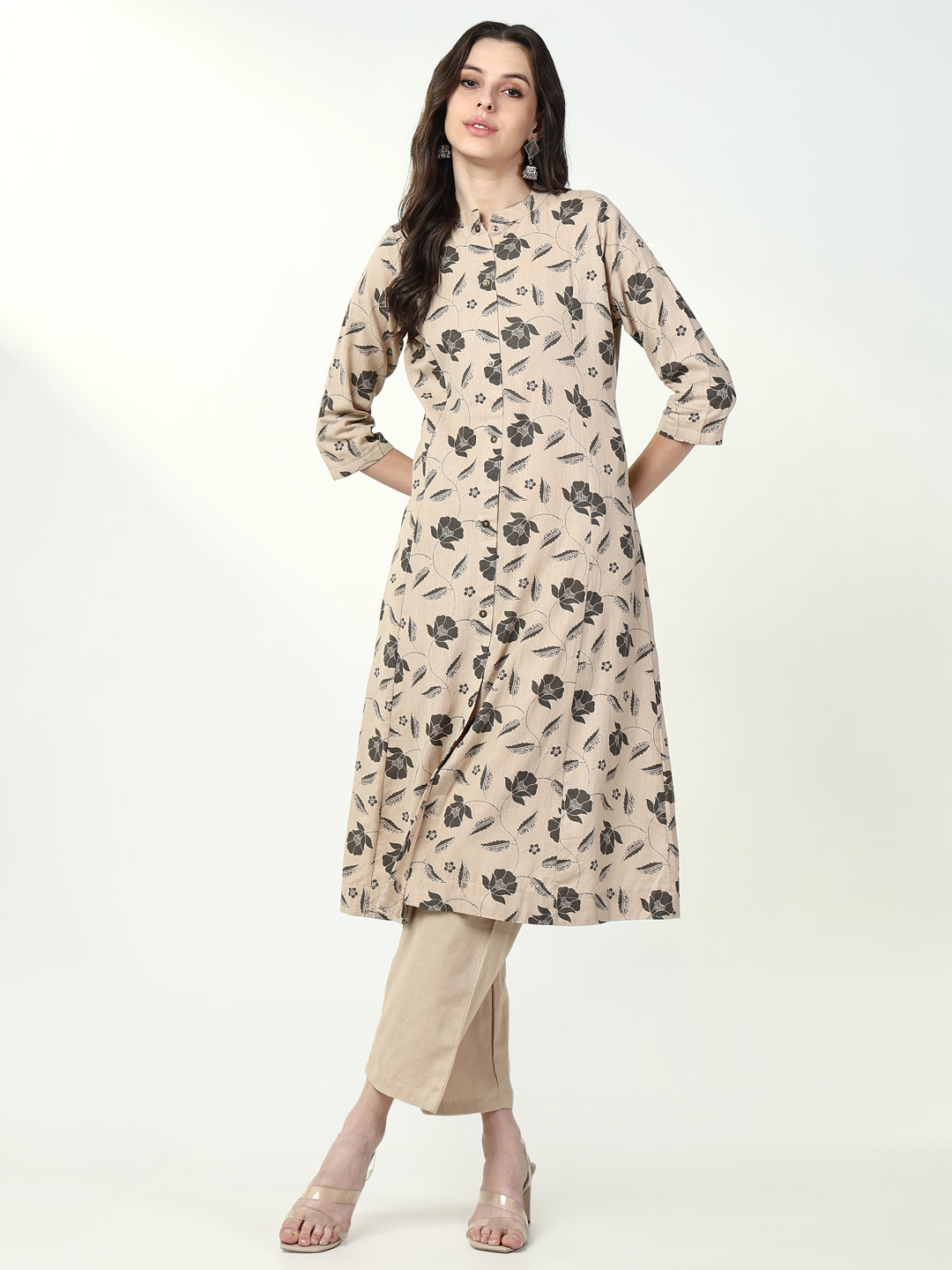 Women Floral Beige A Line Kurta Set