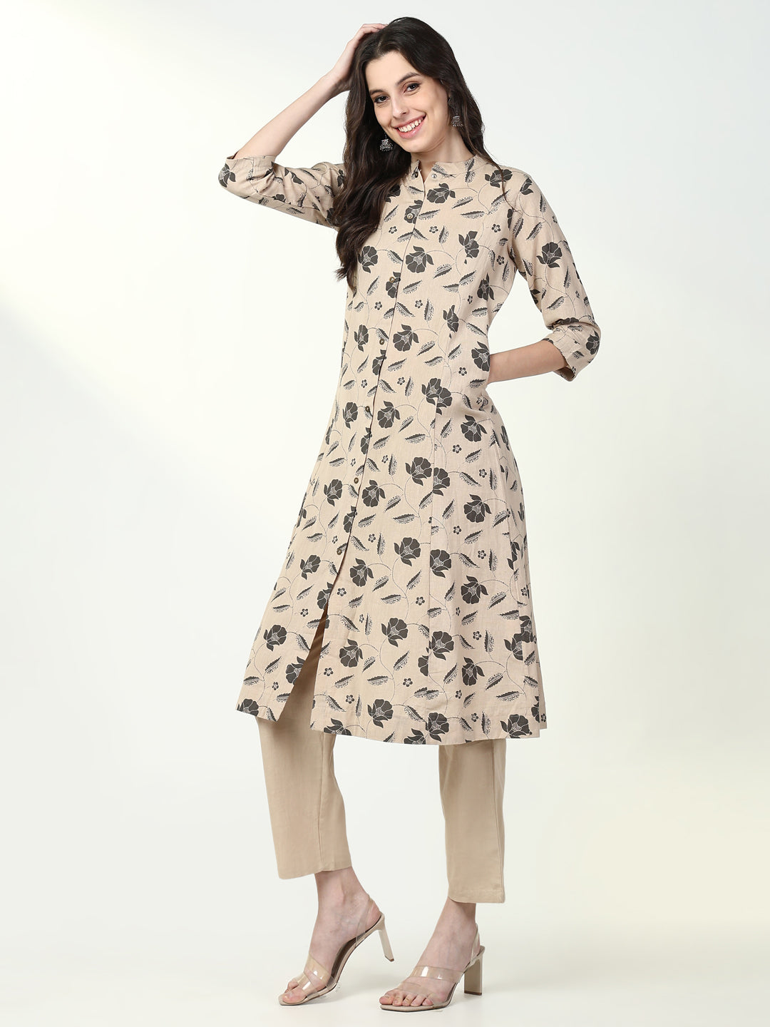 Women Floral Beige A Line Kurta Set