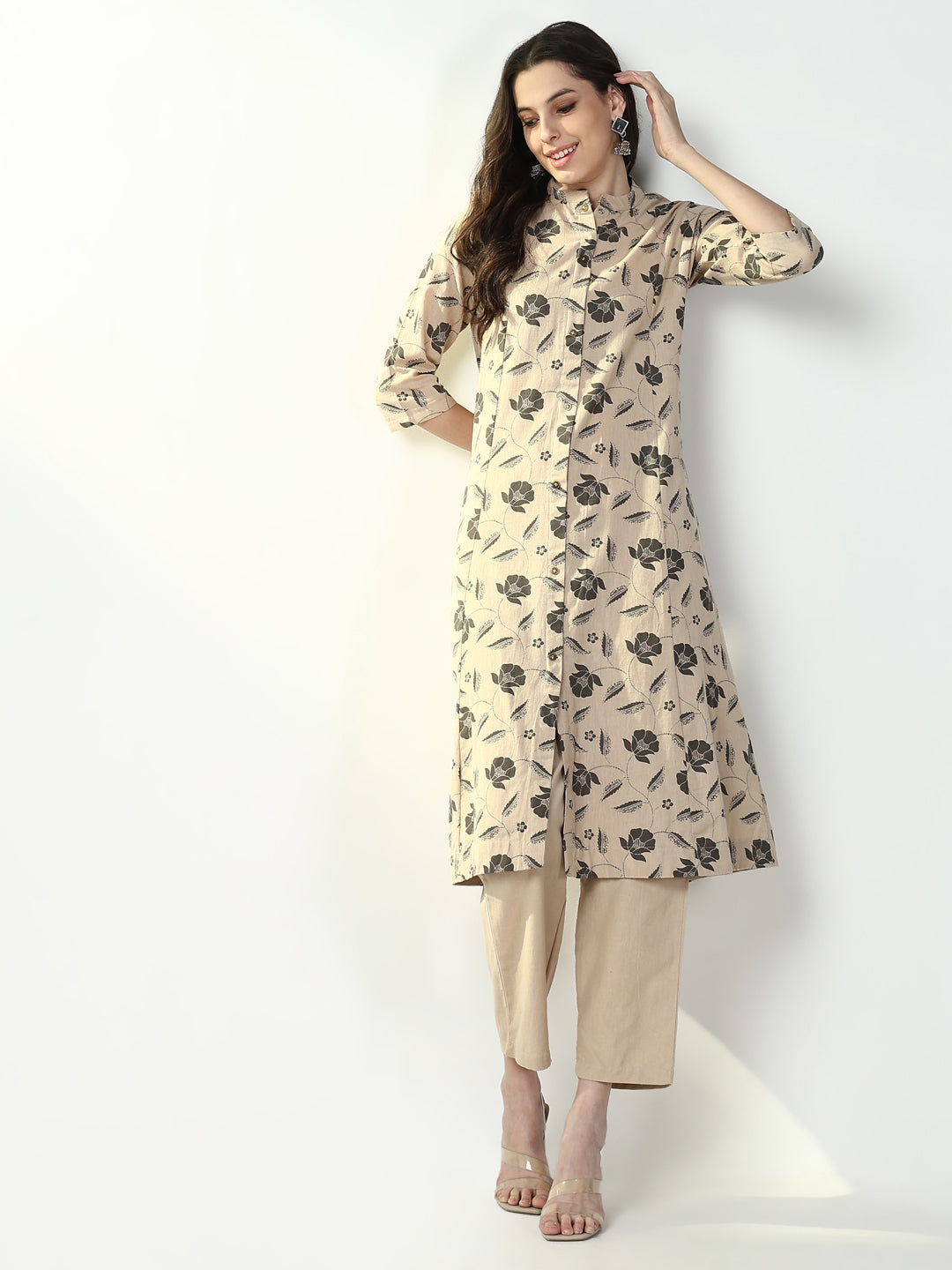 Women Floral Beige A Line Kurta Set