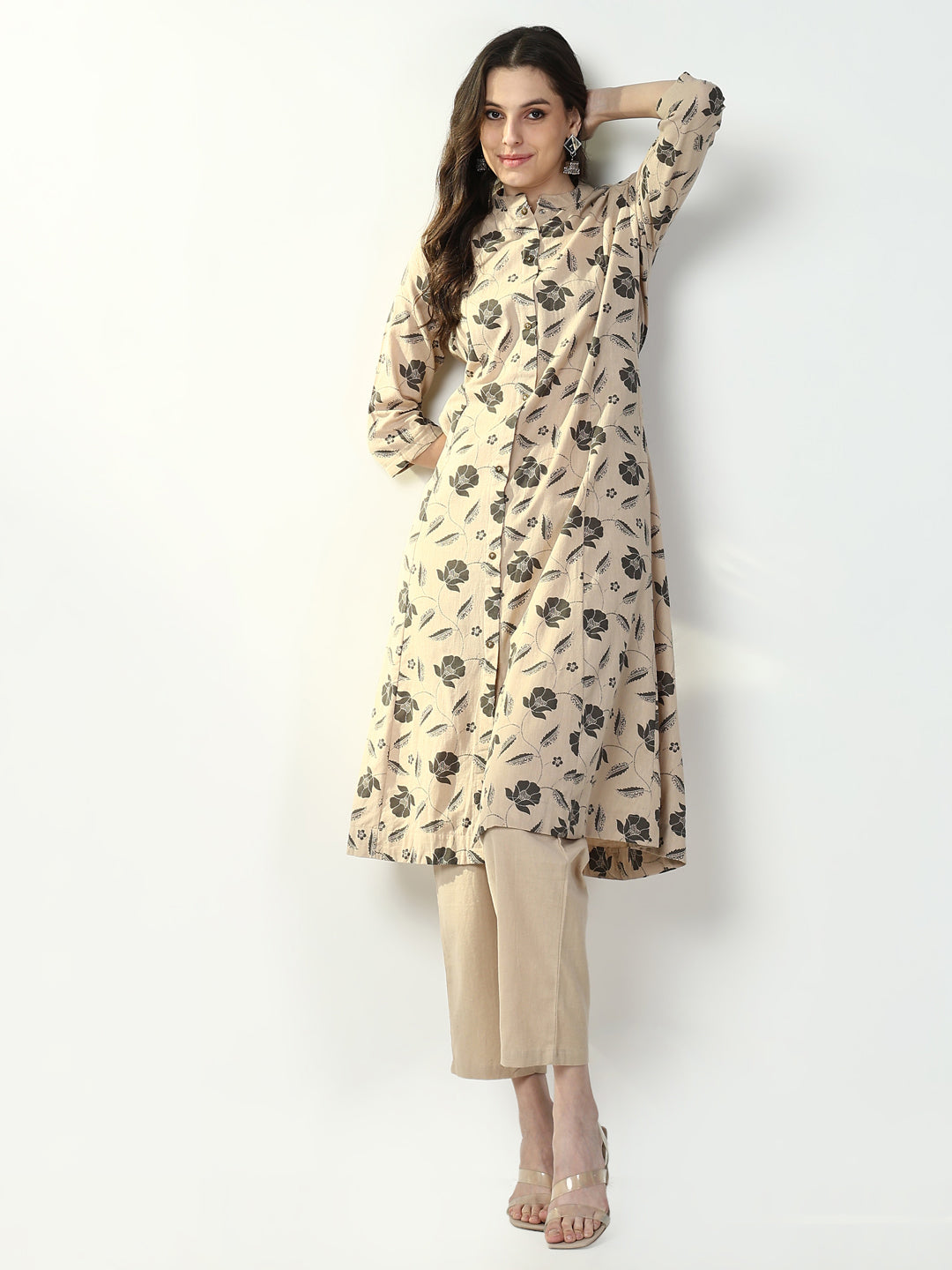 Women Floral Beige A Line Kurta Set