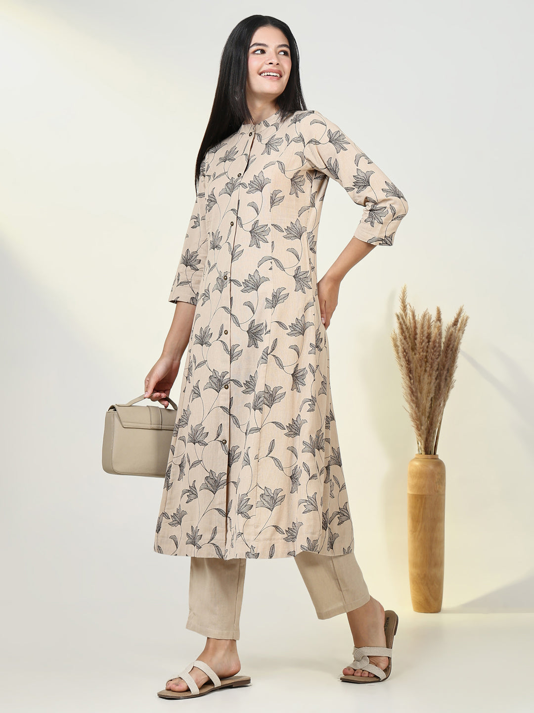 Women Floral Beige A Line Kurta Set