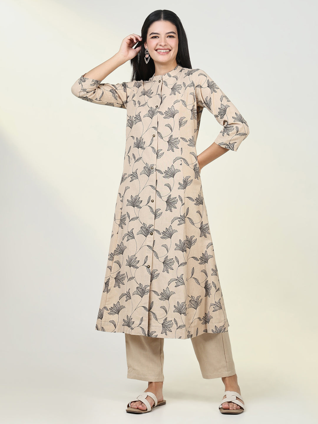 Women Floral Beige A Line Kurta Set