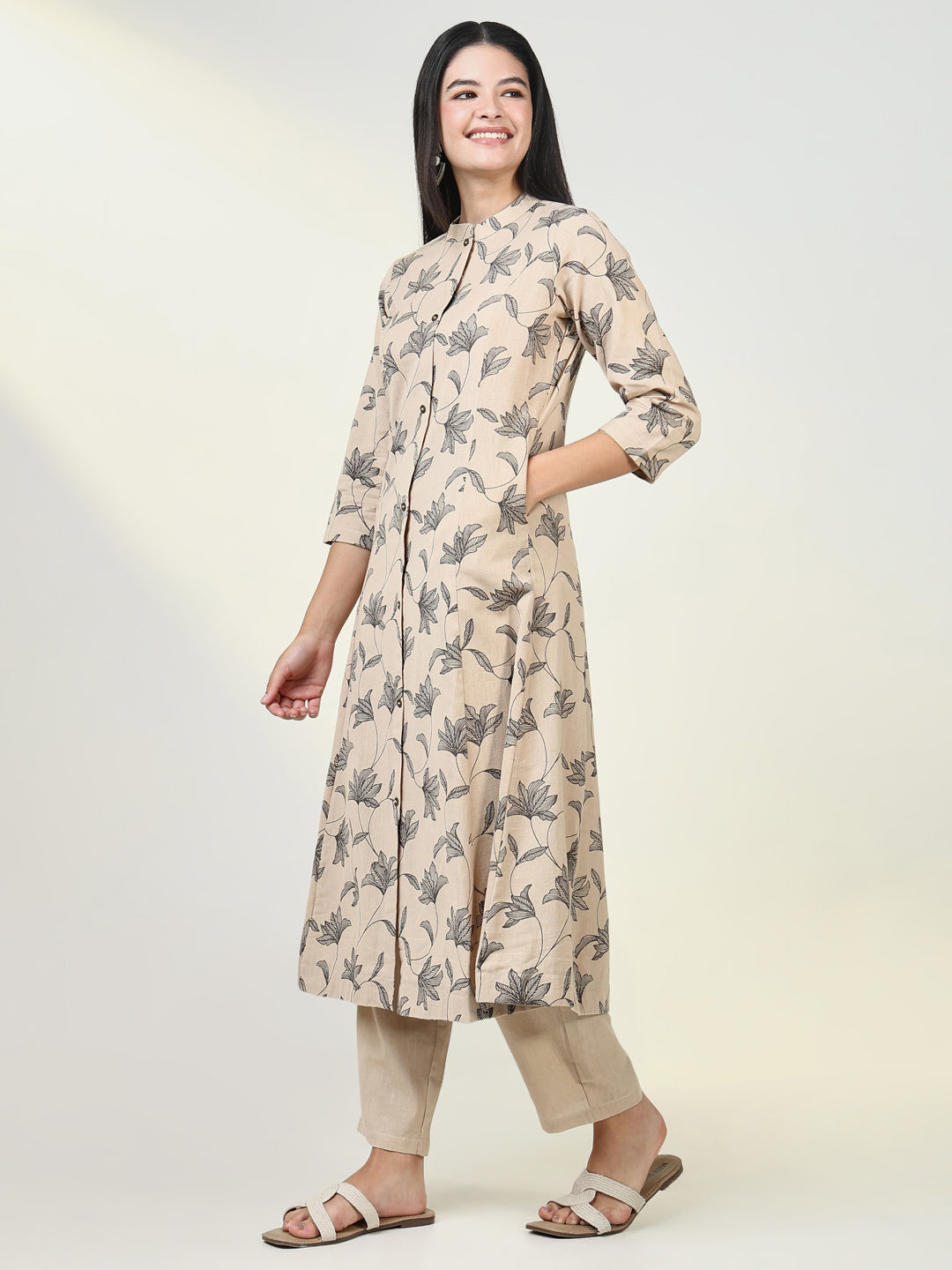 Women Floral Beige A Line Kurta Set