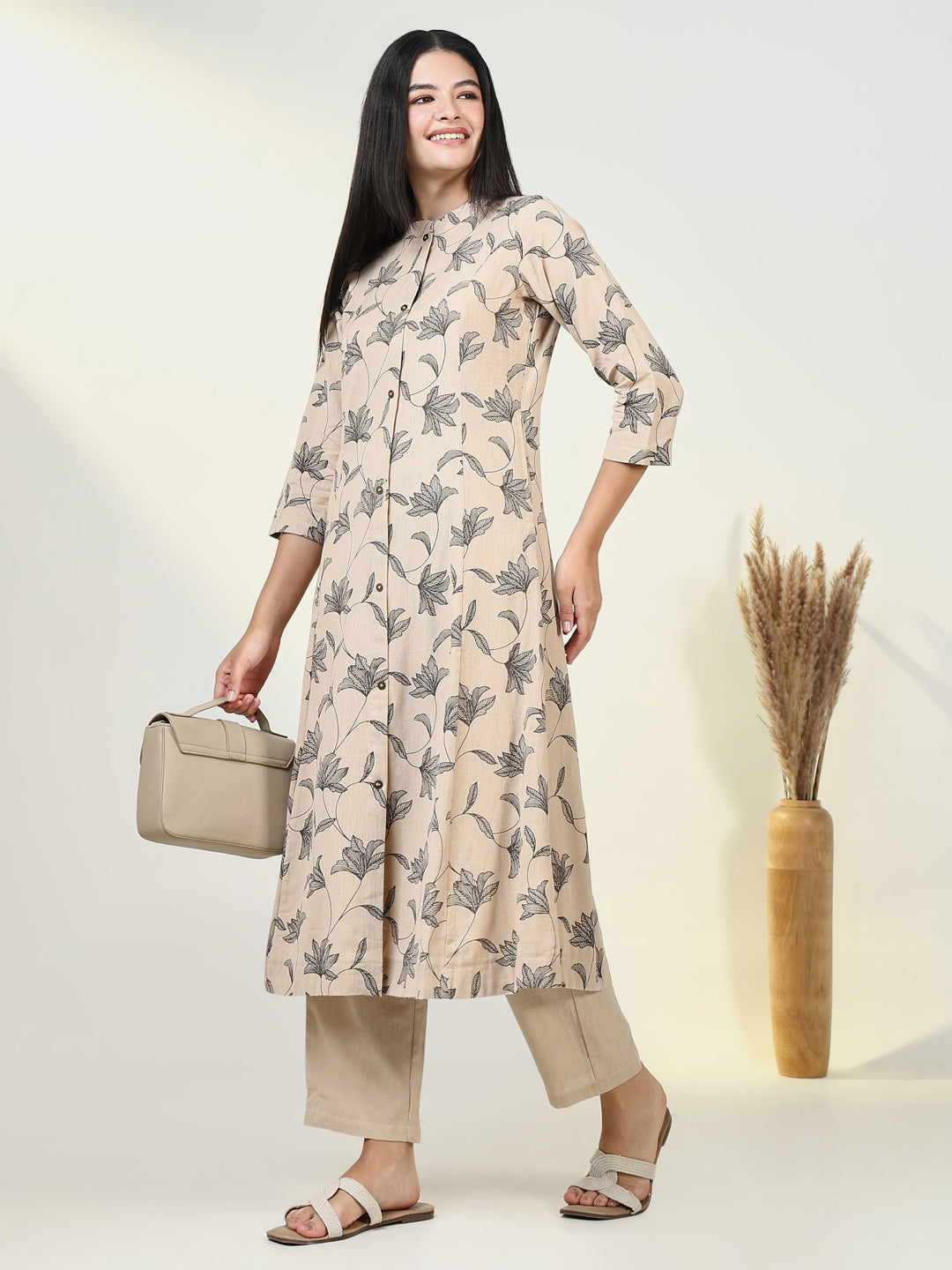 Women Floral Beige A Line Kurta Set